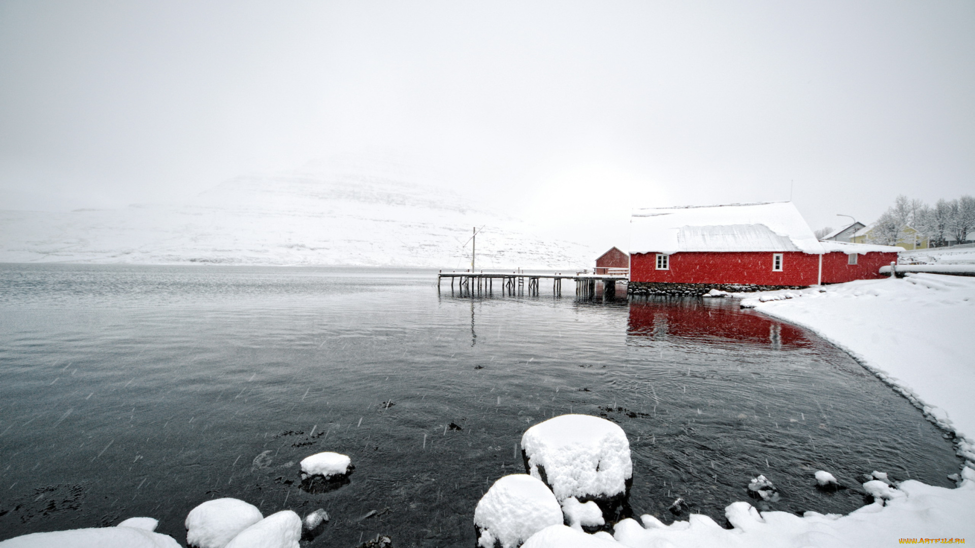 природа, реки, озера, дом, озеро, снег