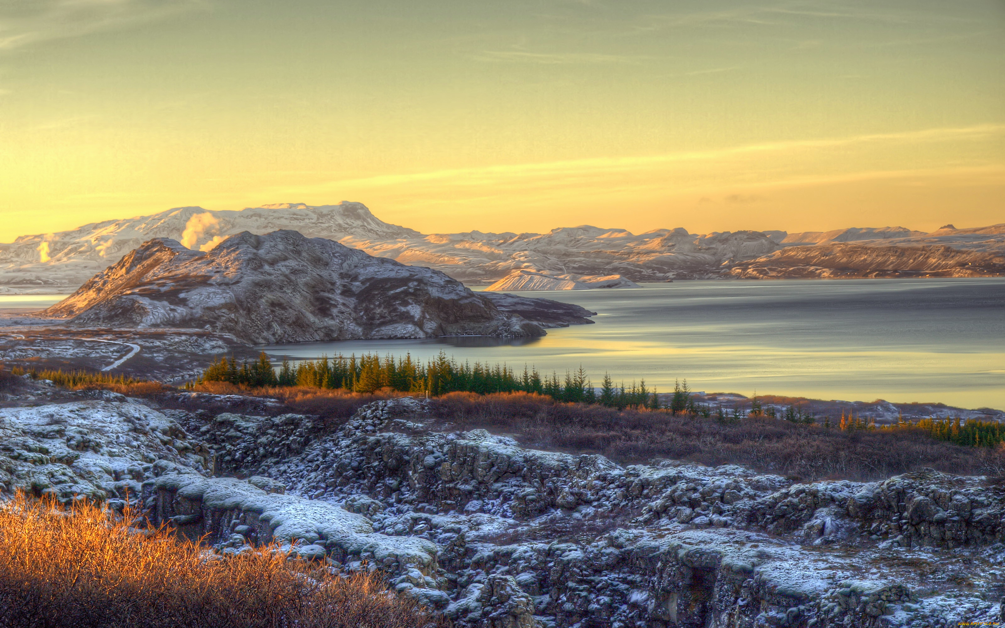 природа, реки, озера, трава, горы, иней, камни