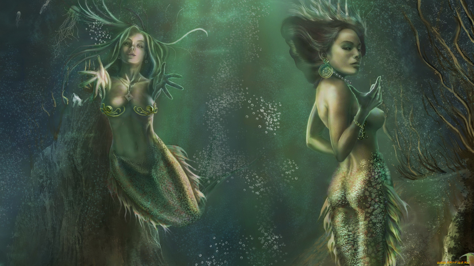 фэнтези, русалки, пузыри, волосы, морская, пучина