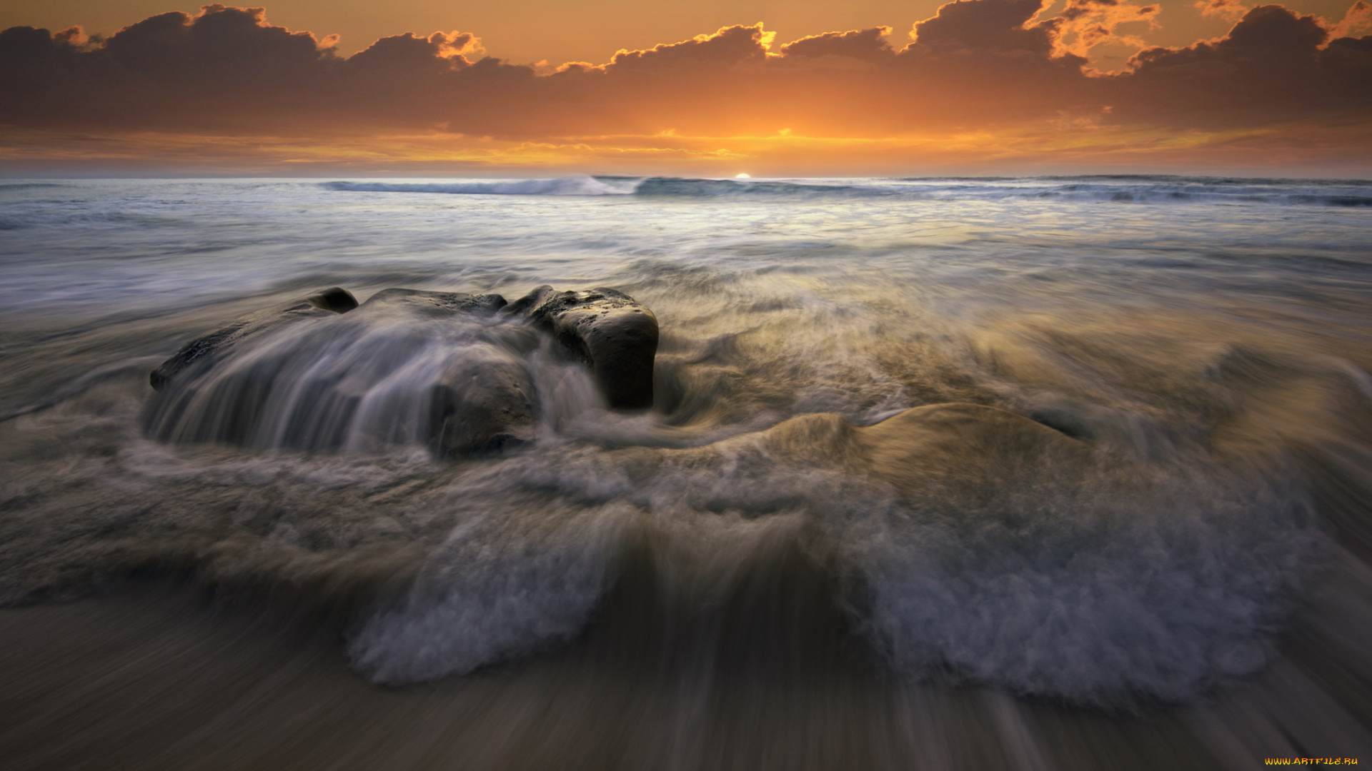 природа, моря, океаны, заря, тучи, горизонт, камни, пляж, океан, пена, волны