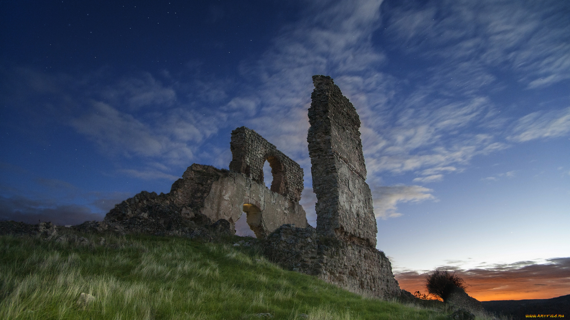 природа, пейзажи, поле, трава, пригорок, стена, зарево