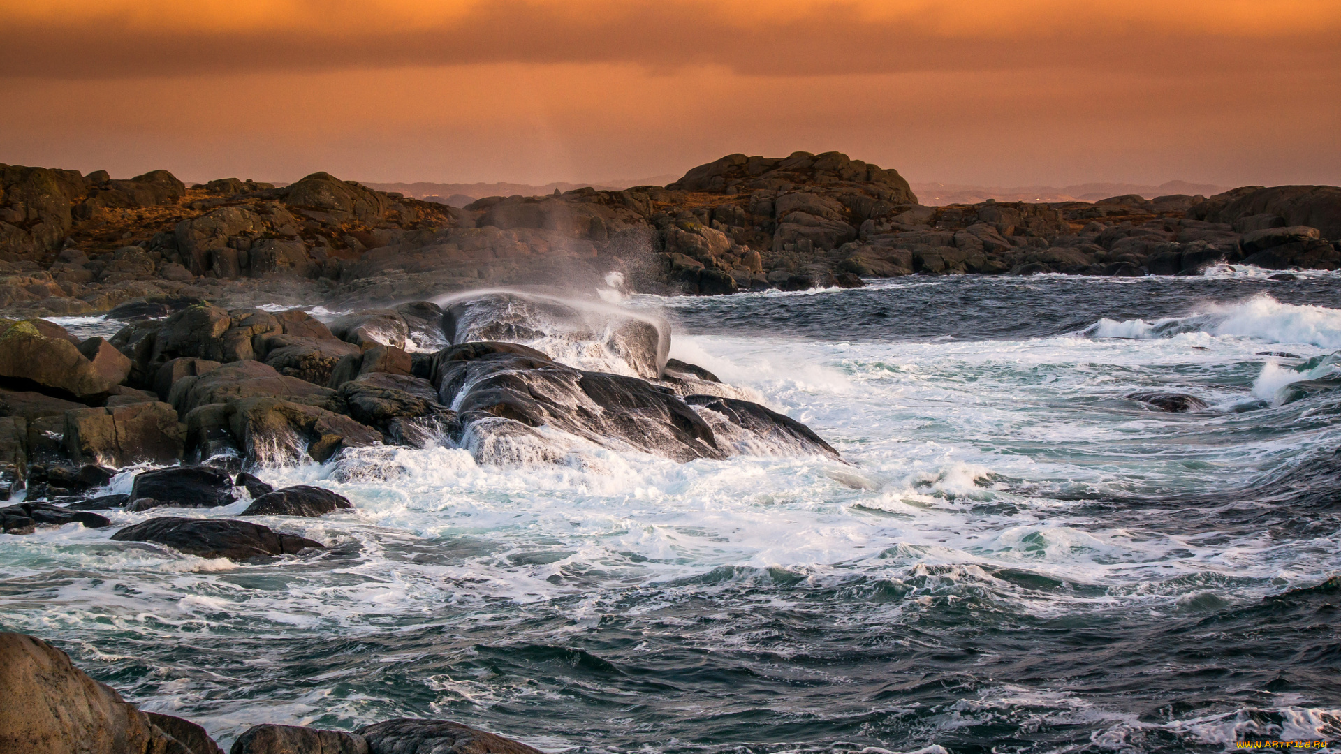 природа, побережье, океан, скалы, волны, тучи, зарево