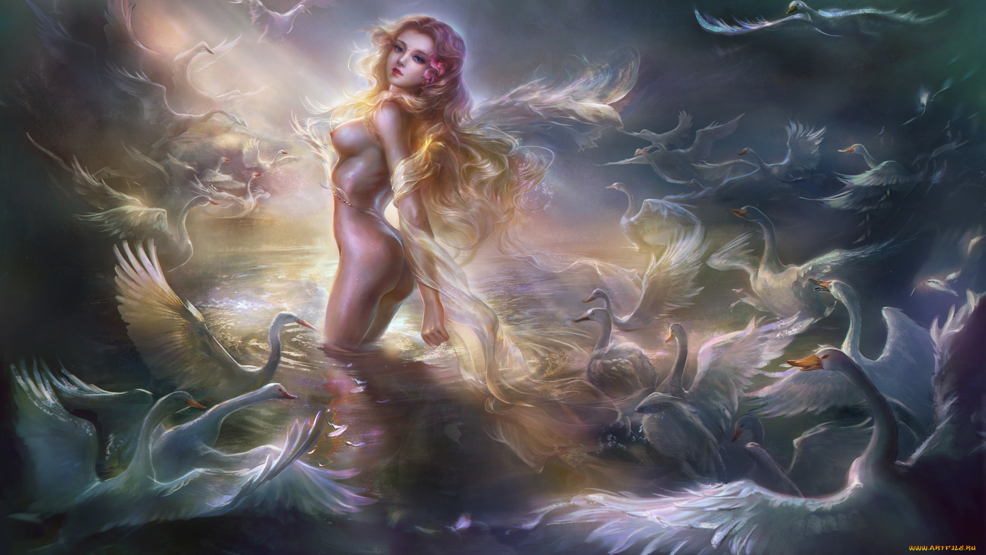 rongrong, wang, фэнтези, девушки, море, лебеди, девушка