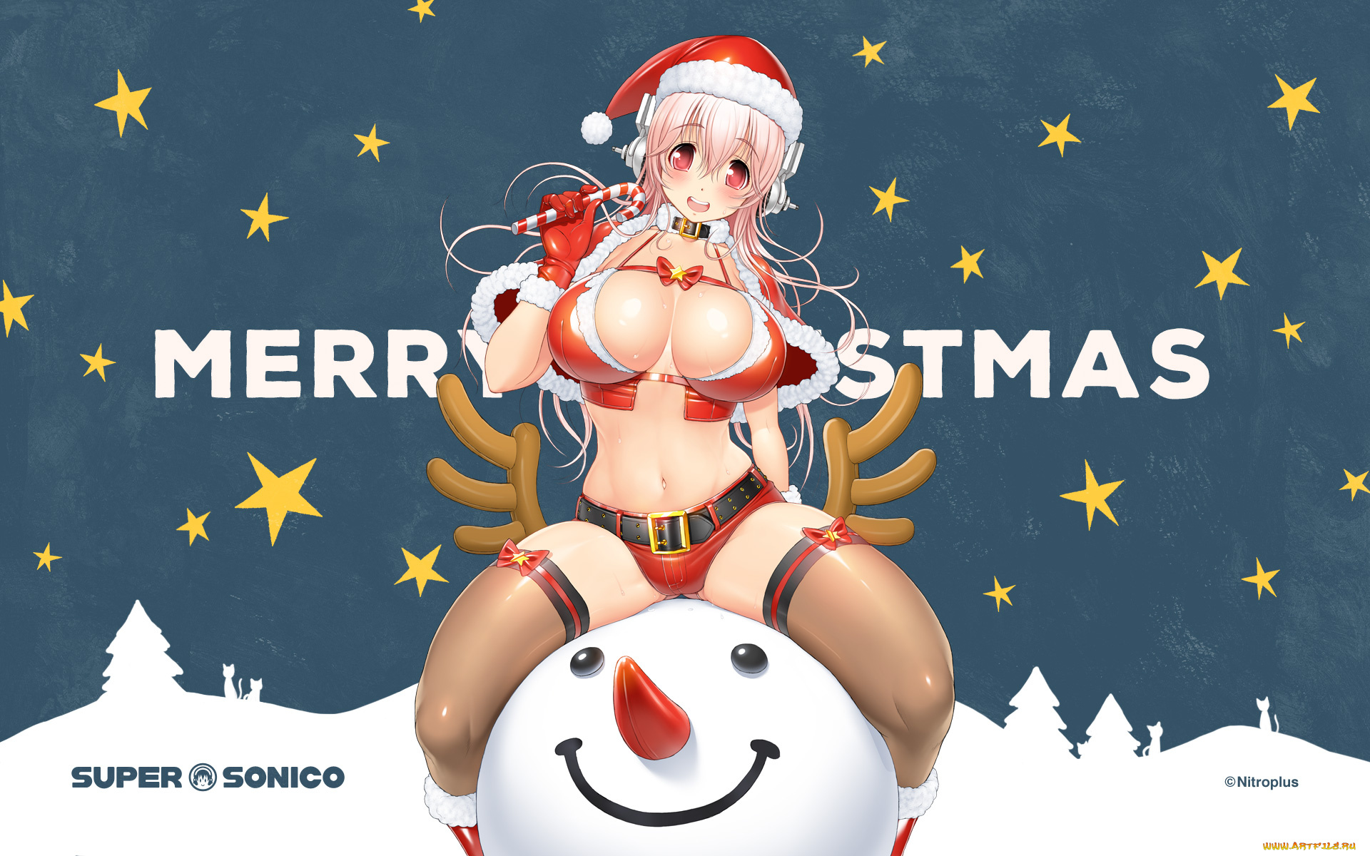 аниме, super, sonico, nitroplus, tsuji, santa, зима, новый, год, рождество, девушка, костюм, санта, клаус, снеговик, звезды, конфета, рога, накидка, шапка, елка, кот, бант, наушники, музыка