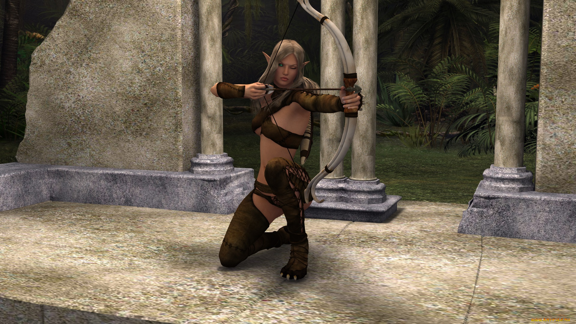 3д, графика, эльфы, , elves, фон, взгляд, эльфийка, оружие