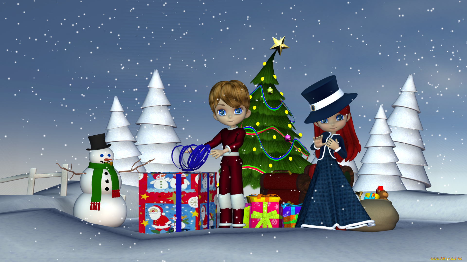 3д, графика, праздники, , holidays, подарки, елка, снеговик