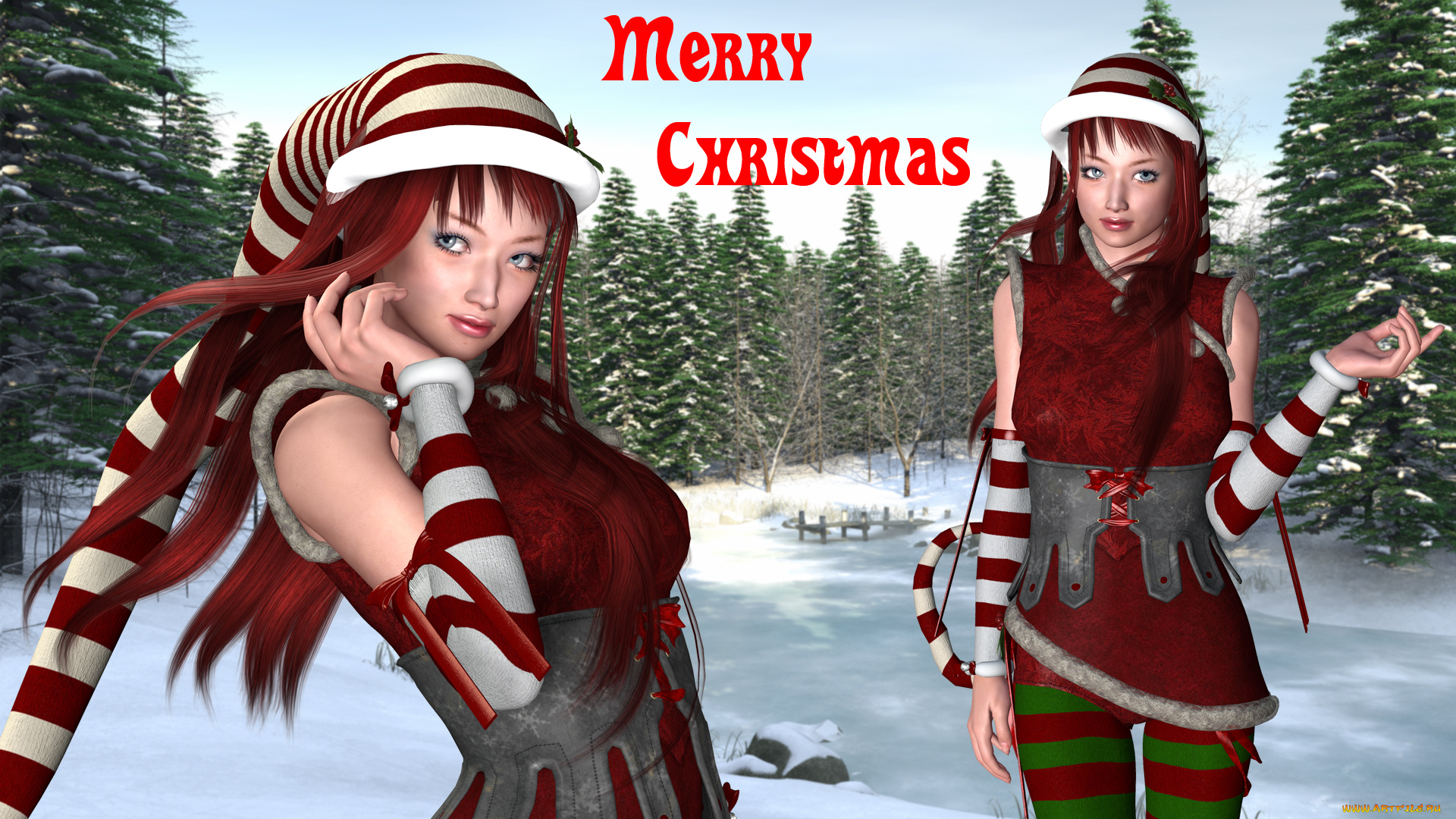 3д, графика, праздники, , holidays, зима, фон, девушки, взгляд
