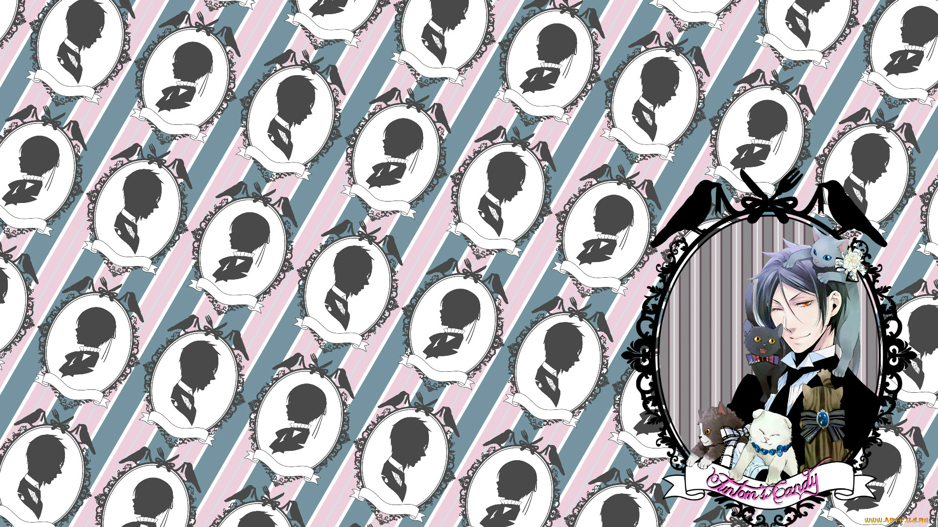 аниме, kuroshitsuji, подмигивание, полосы, силуэт, виньетка, котята, портрет, рамка, темный, дворецкий, овал, sebastian, michaelis