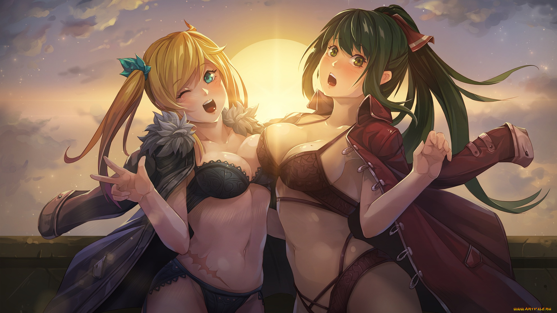 автор, , rebe11, аниме, зима, , новый, год, , рождество, девушки, закат, rebe11