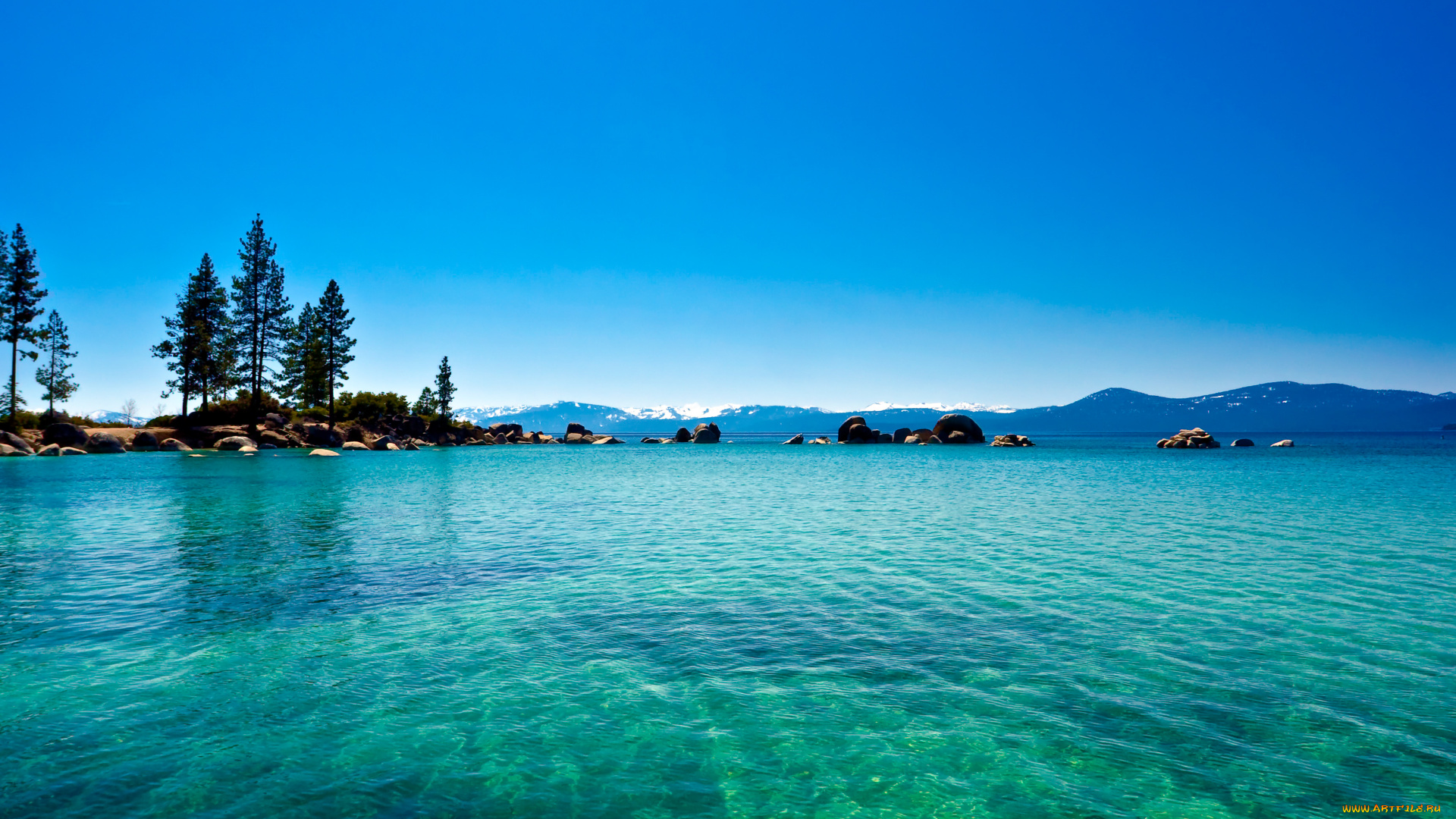 природа, побережье, камни, деревья, горы, море, небо