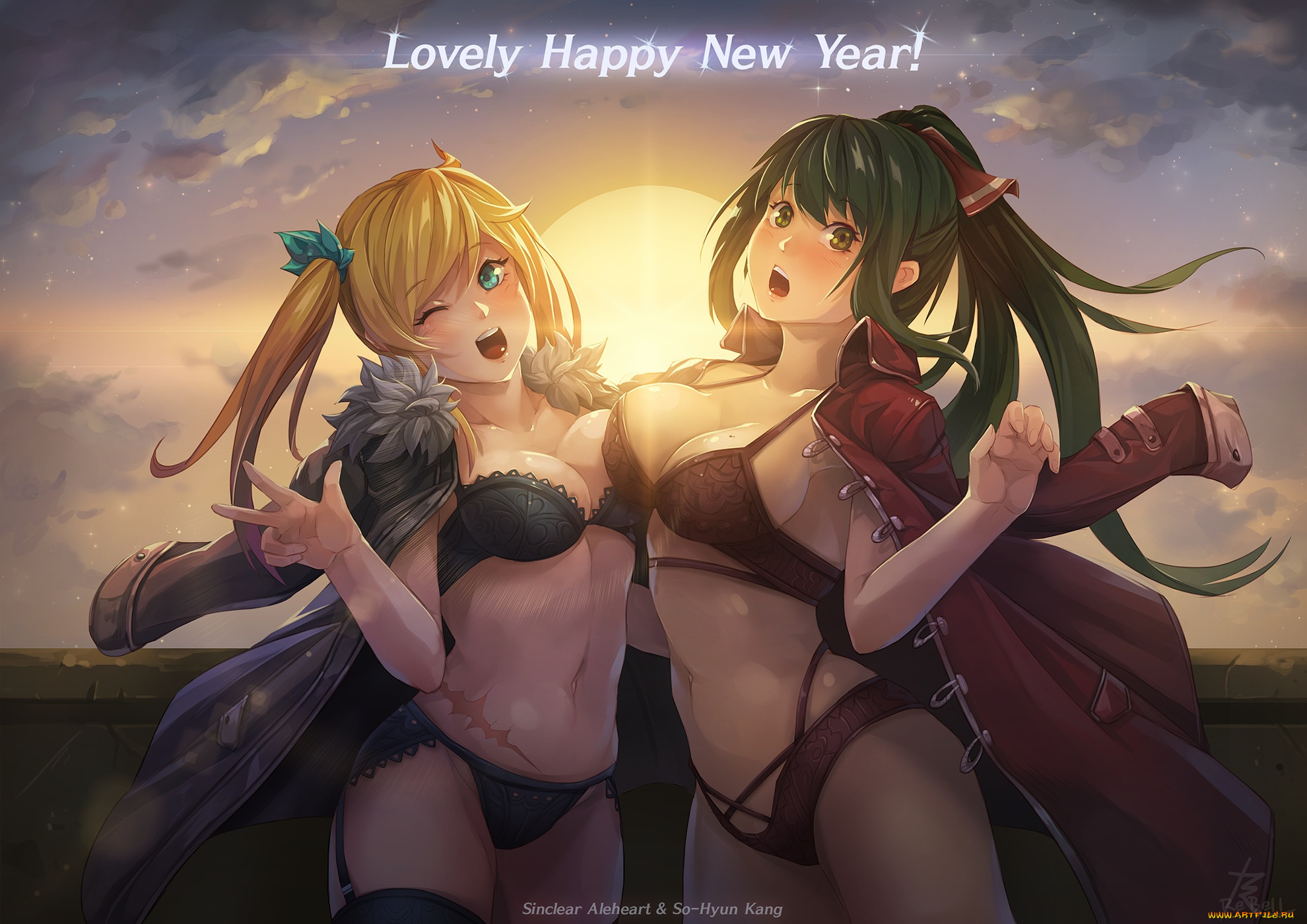 автор, , rebe11, аниме, зима, , новый, год, , рождество, девушки, закат, rebe11