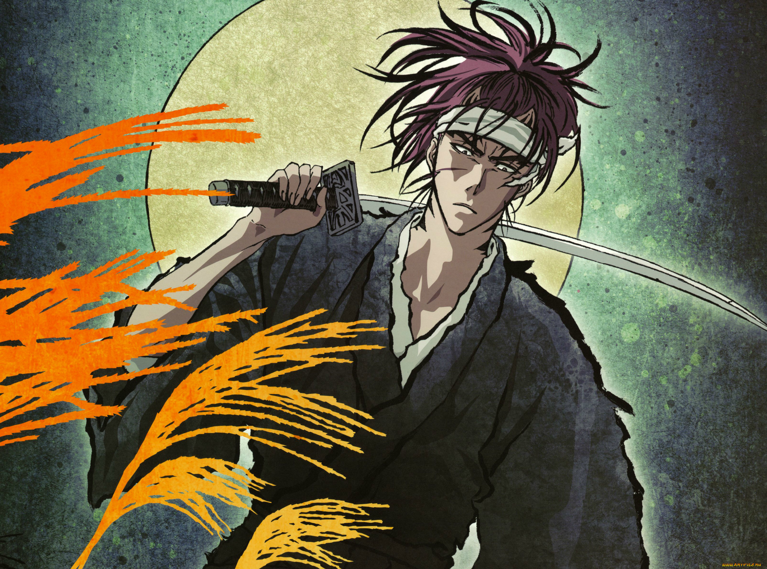 аниме, bleach, синигами, abarai, renji, кимоно, tite, kubo, art, катана, луна, блич, повязка