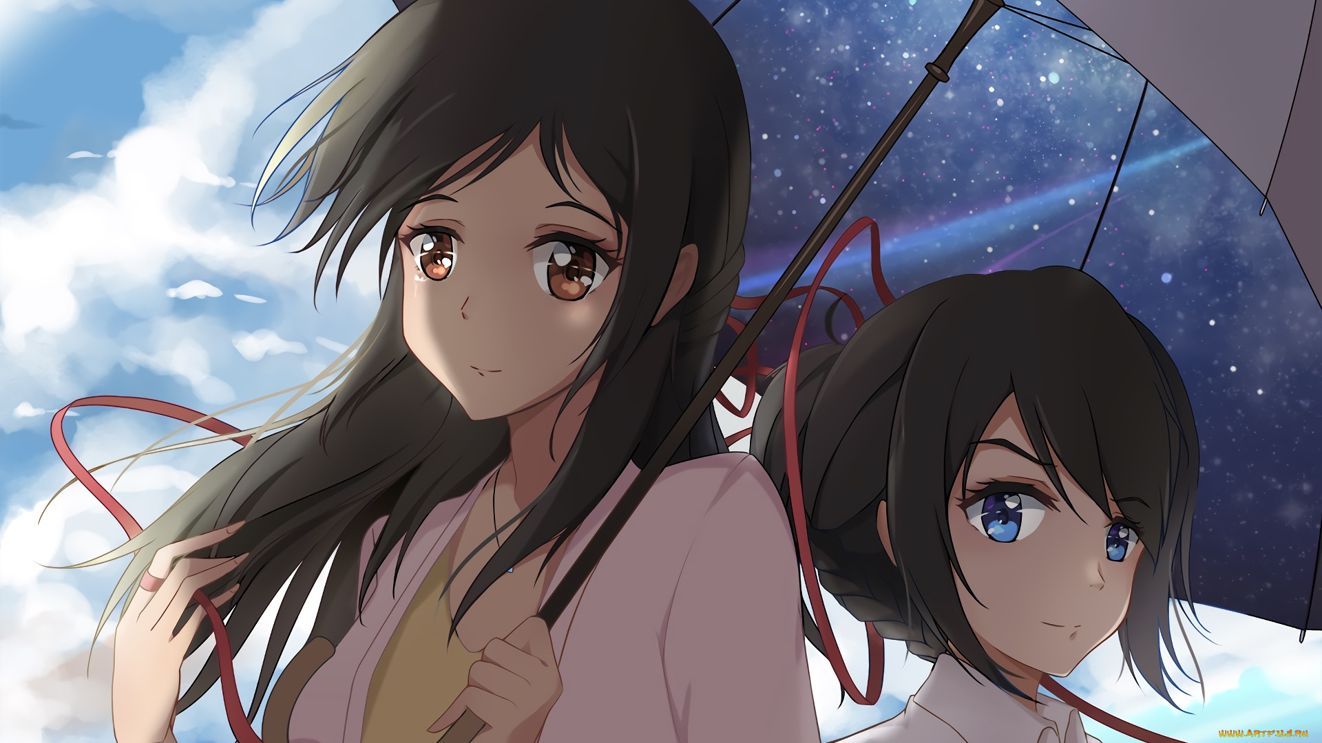 аниме, kimi, no, na, wa, фон, взгляд, девушки