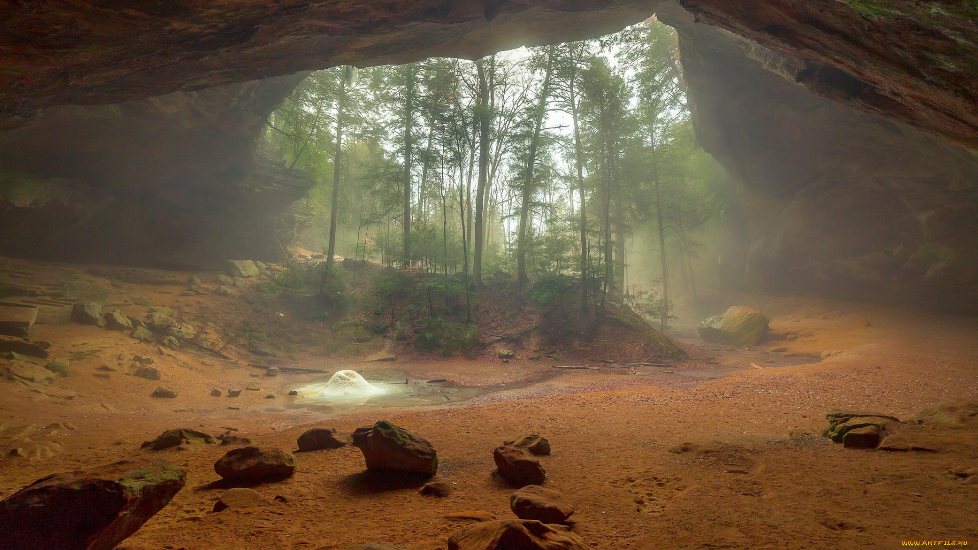 природа, другое, ash, cave, скалы, туман, hocking, hills, state, park, лес