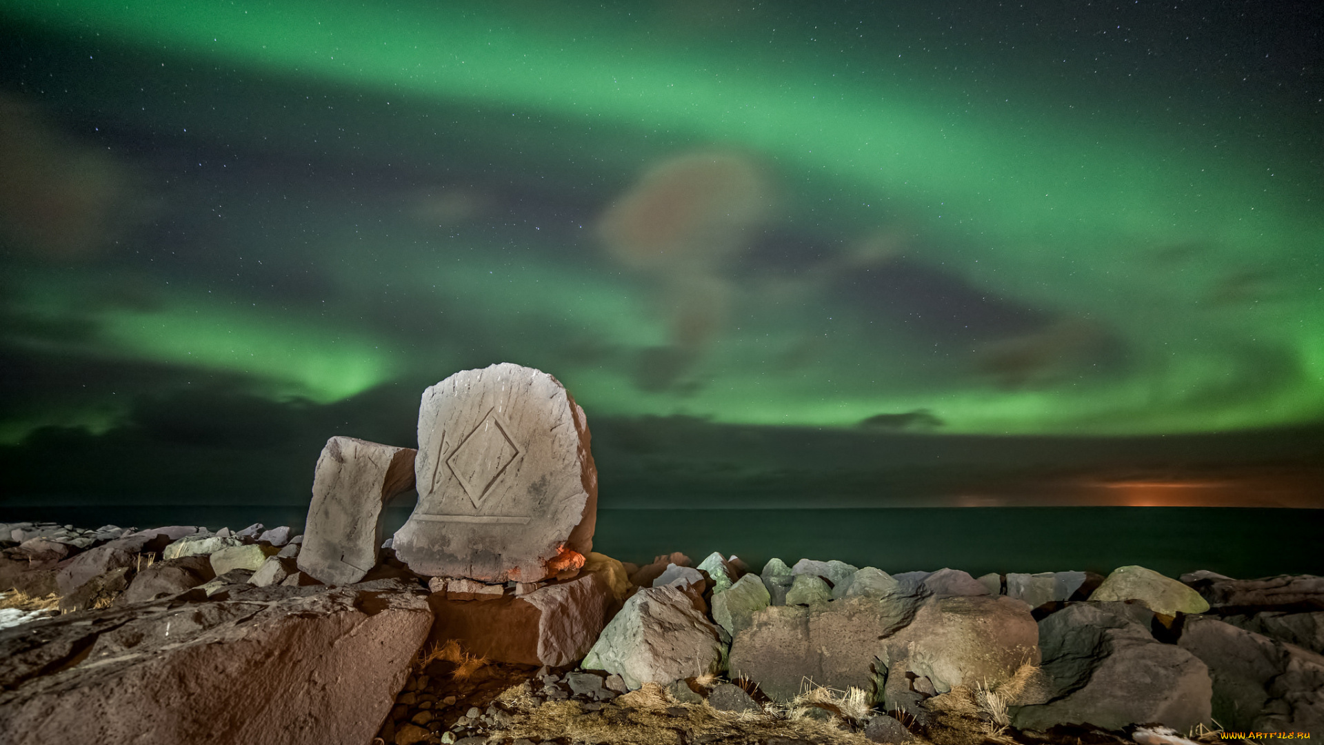 природа, северное, сияние, камни, звезды, северное, сияние, горы, ночь, море