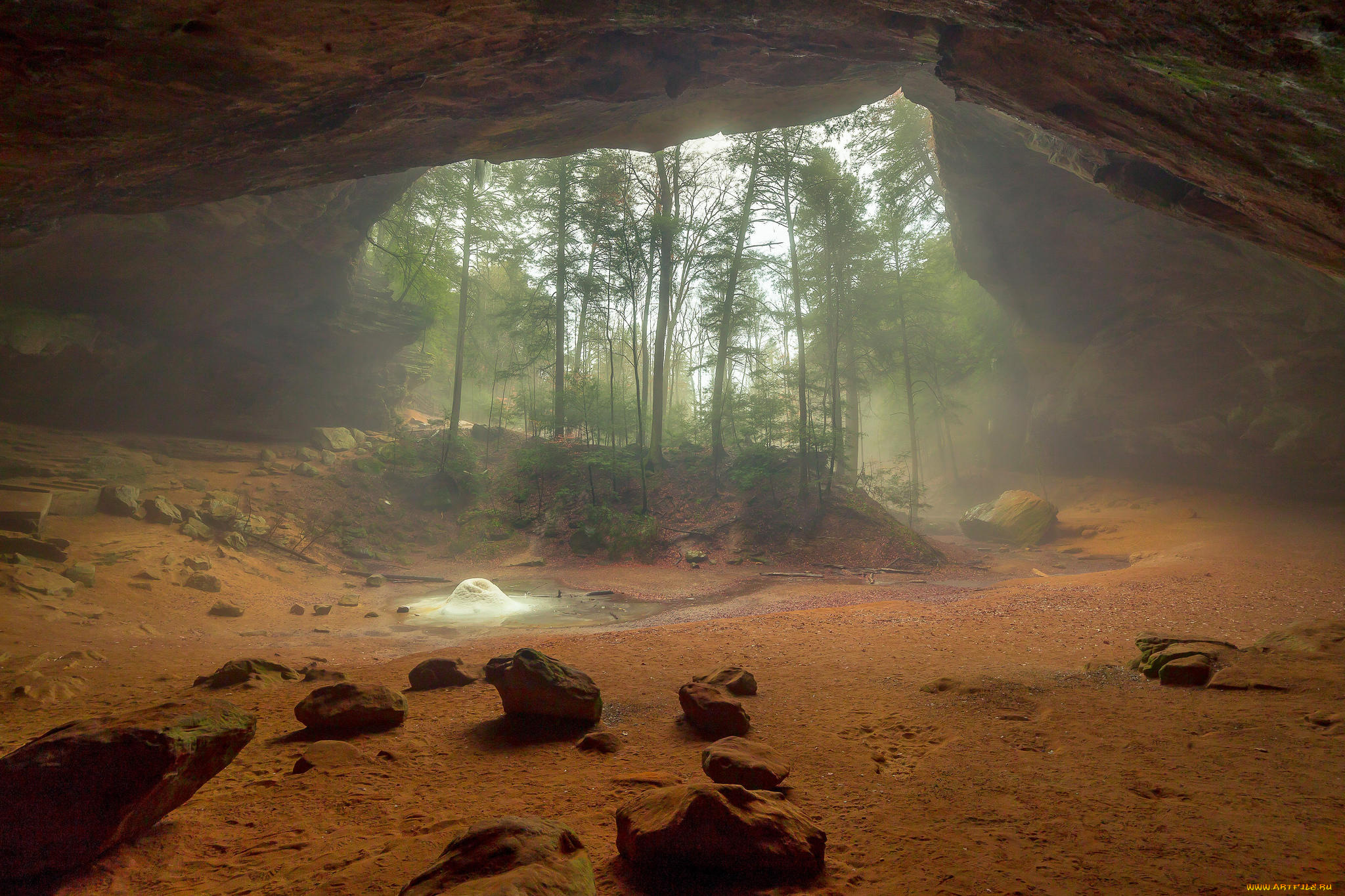 природа, другое, ash, cave, скалы, туман, hocking, hills, state, park, лес