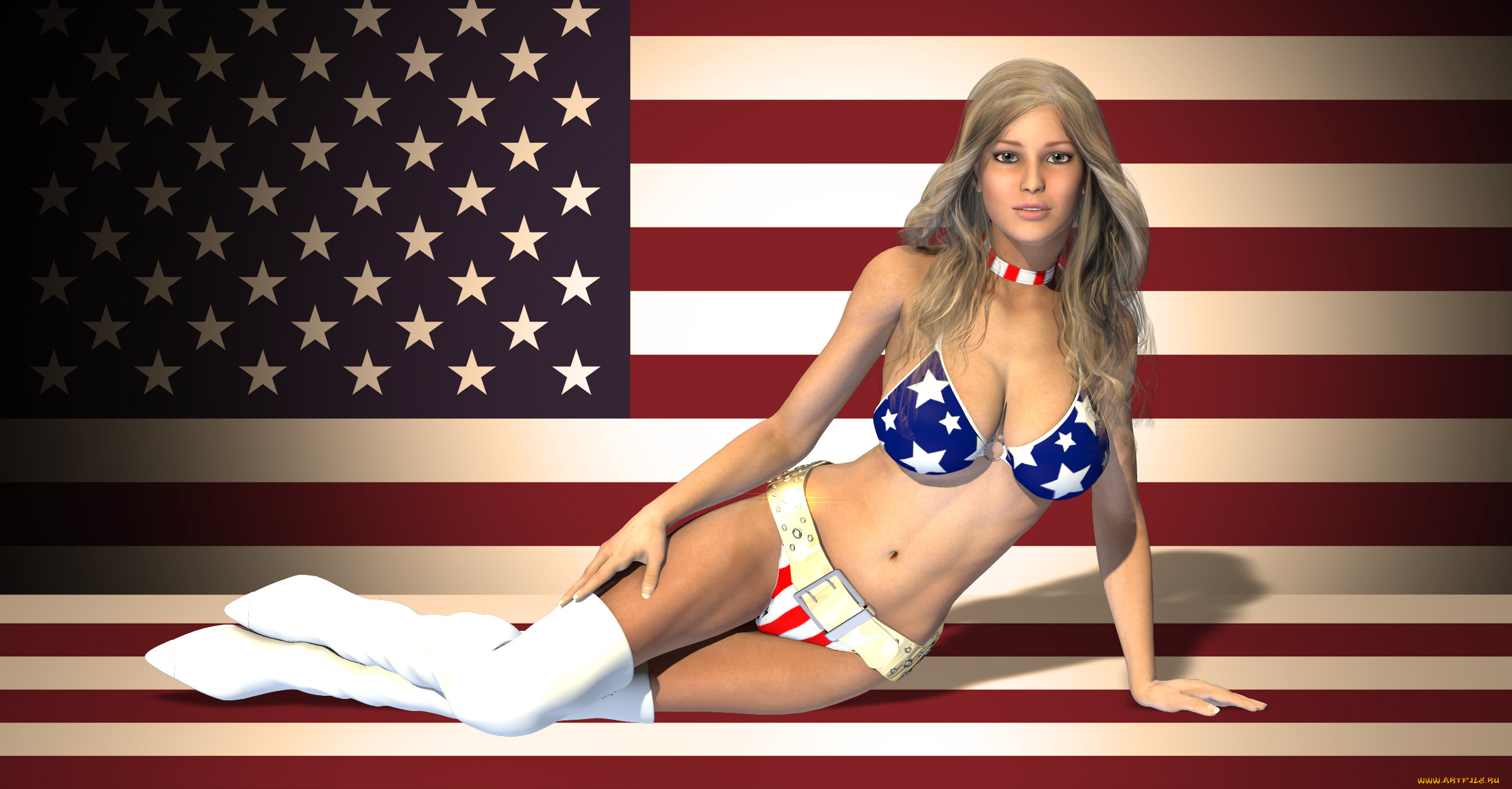 3д, графика, люди, , people, девушка, фон, взгляд, купальник, флаг