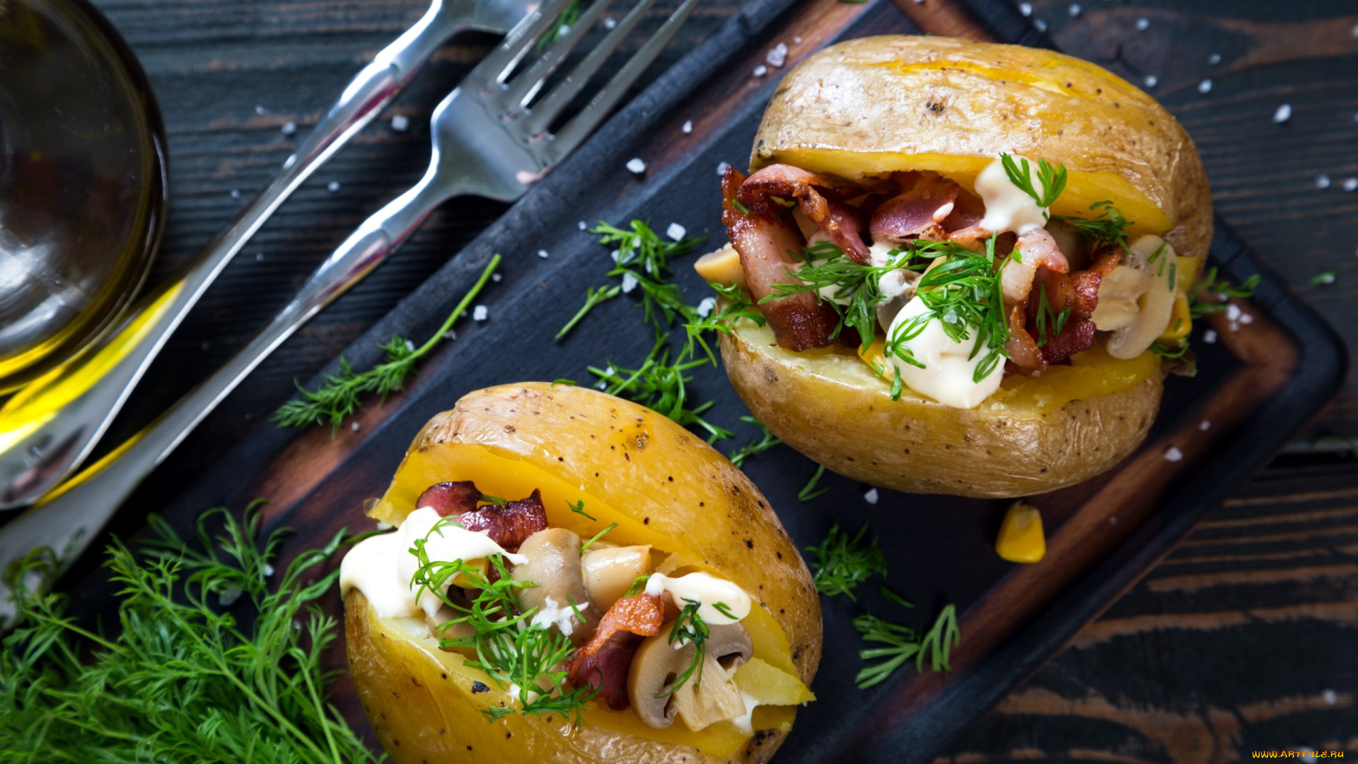 еда, картофель, бекон, укроп, закуска