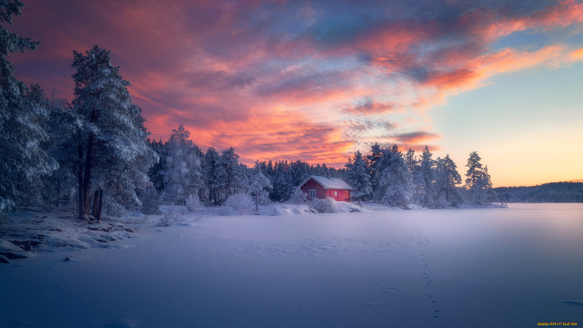 природа, восходы, закаты, зима, закат, снег, лес, небо, норвегия, дом, ringerike, norway