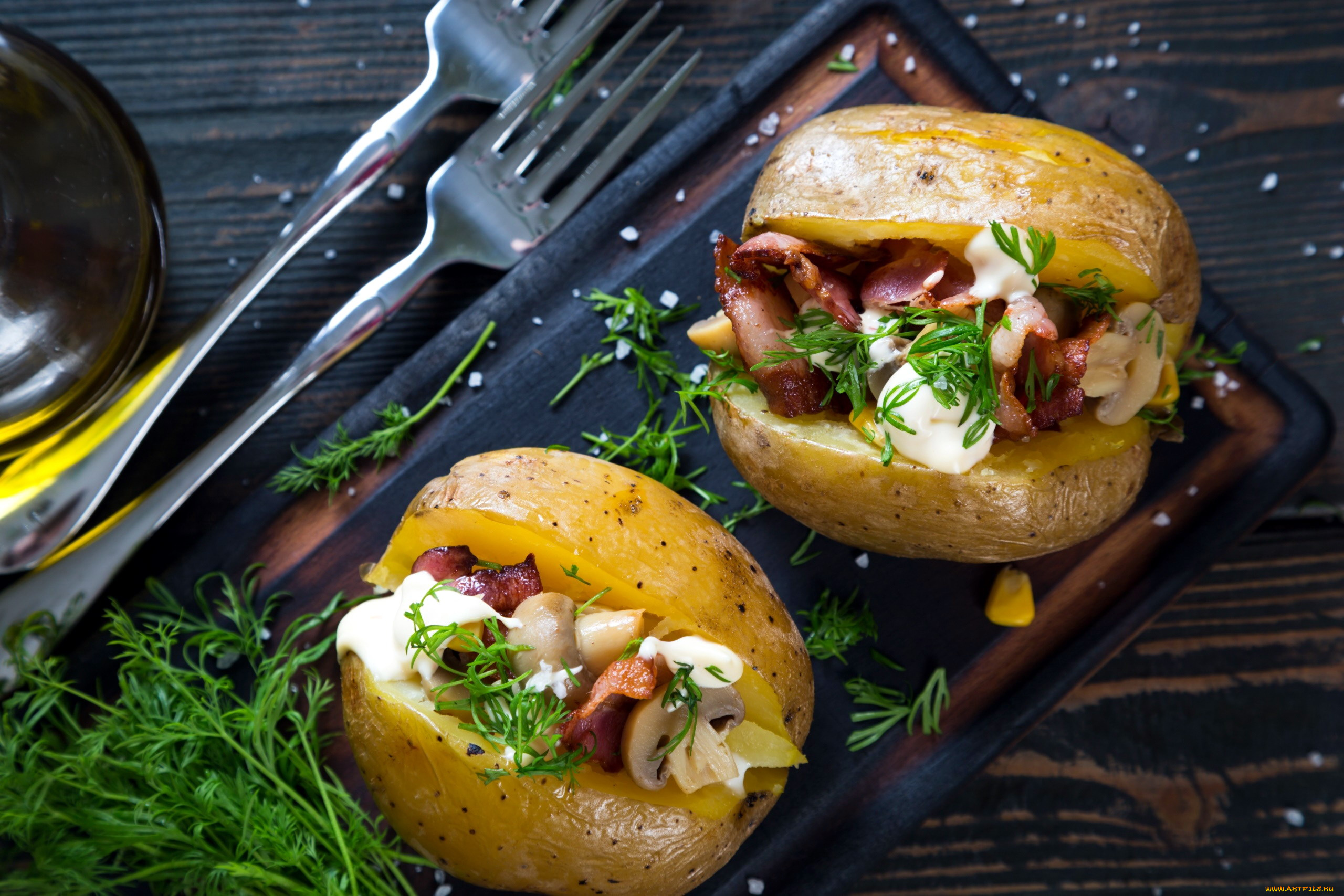 еда, картофель, бекон, укроп, закуска