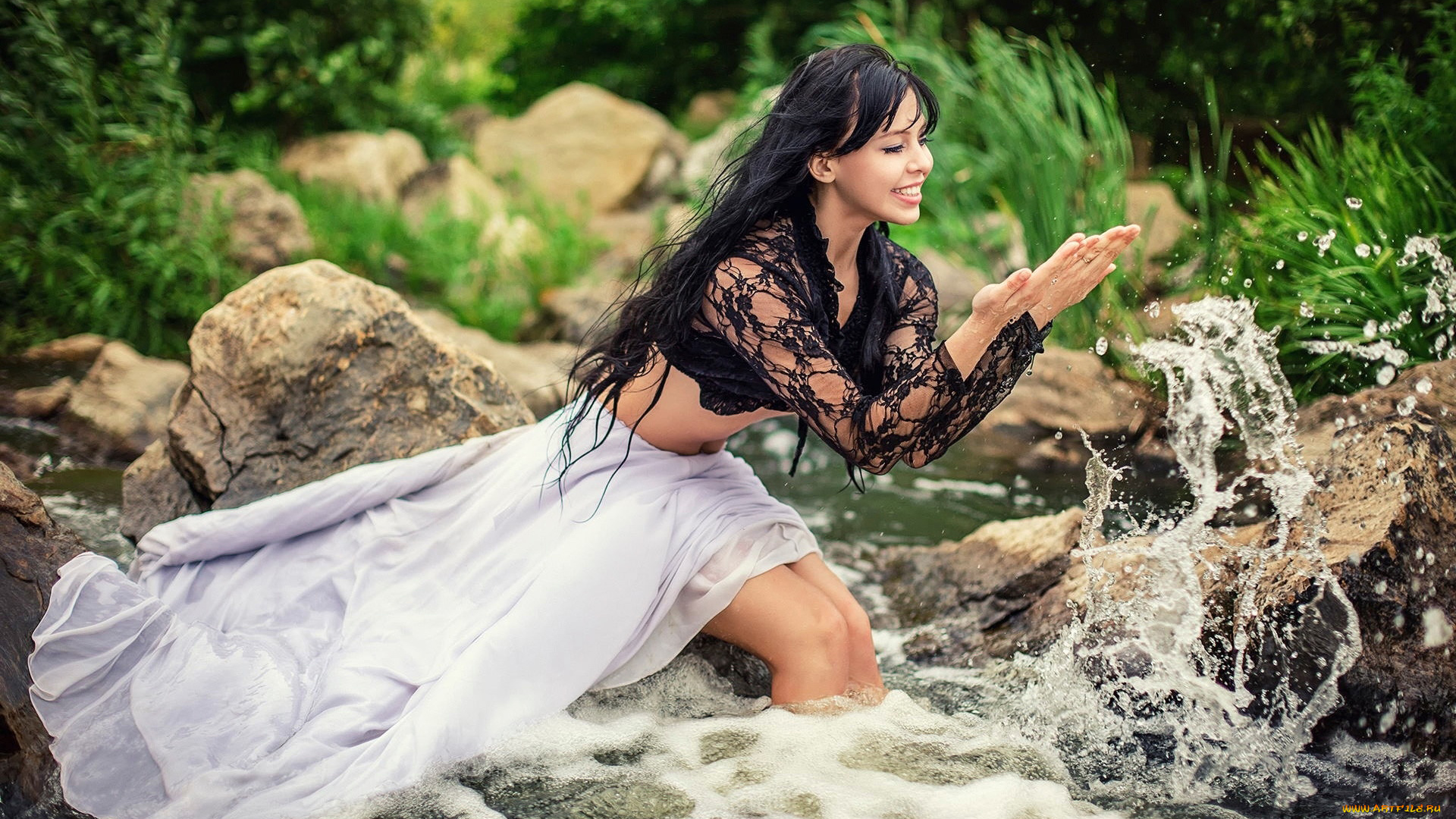 девушки, -, брюнетки, , шатенки, камни, брюнетка, вода