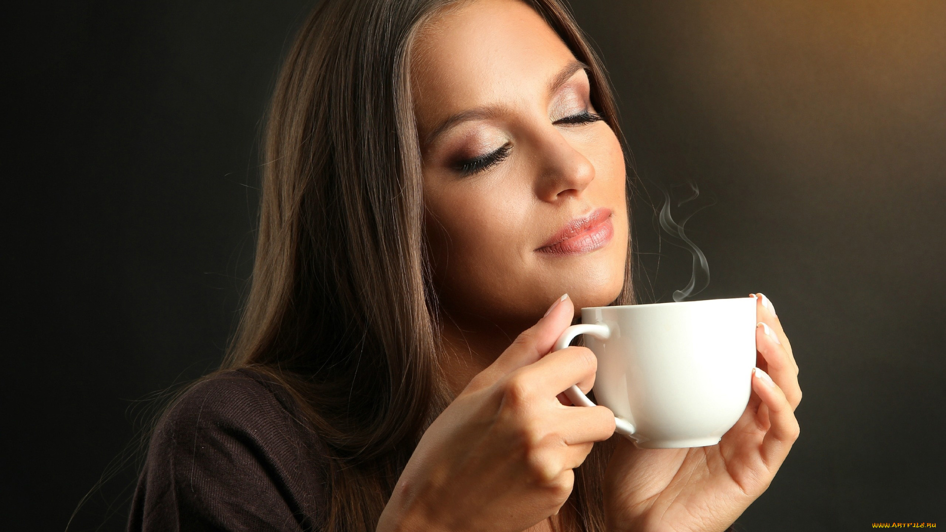 девушки, -, лица, , портреты, чашка, пар, закрытые, глаза