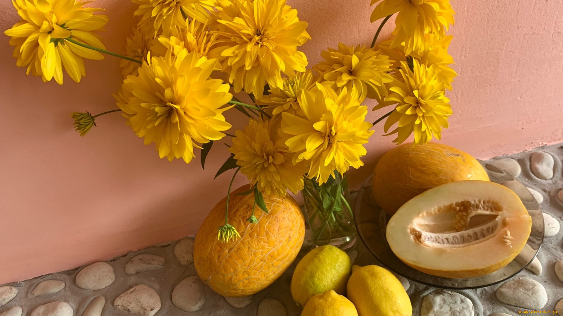 еда, натюрморт, букет, георгины, дыня, лимоны