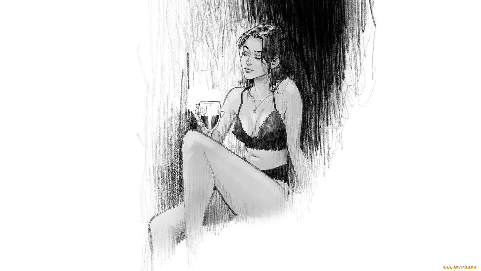 рисованное, люди, девушка, белье, бокал