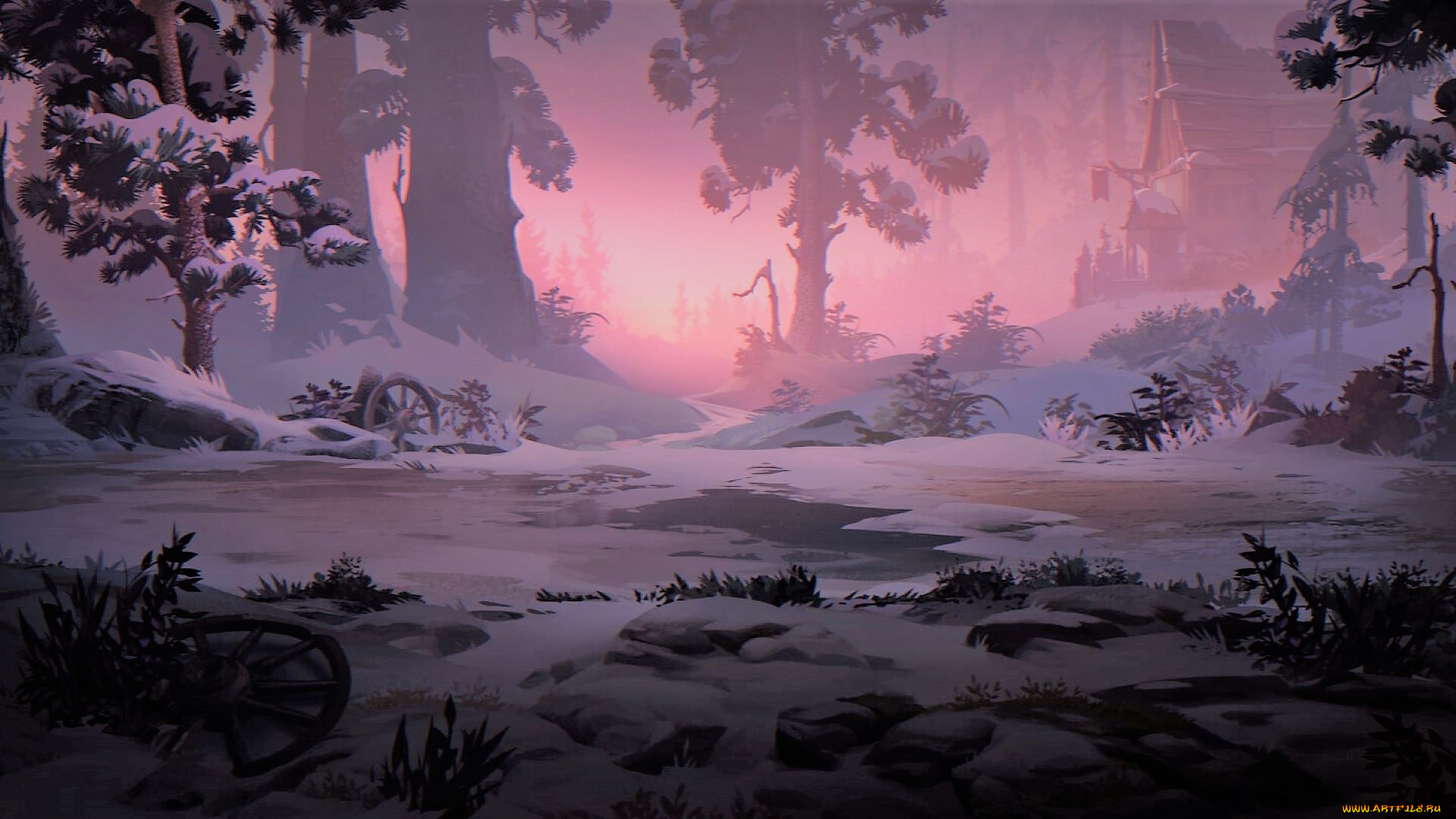 рисованное, природа, закат, деревья, снег, дом