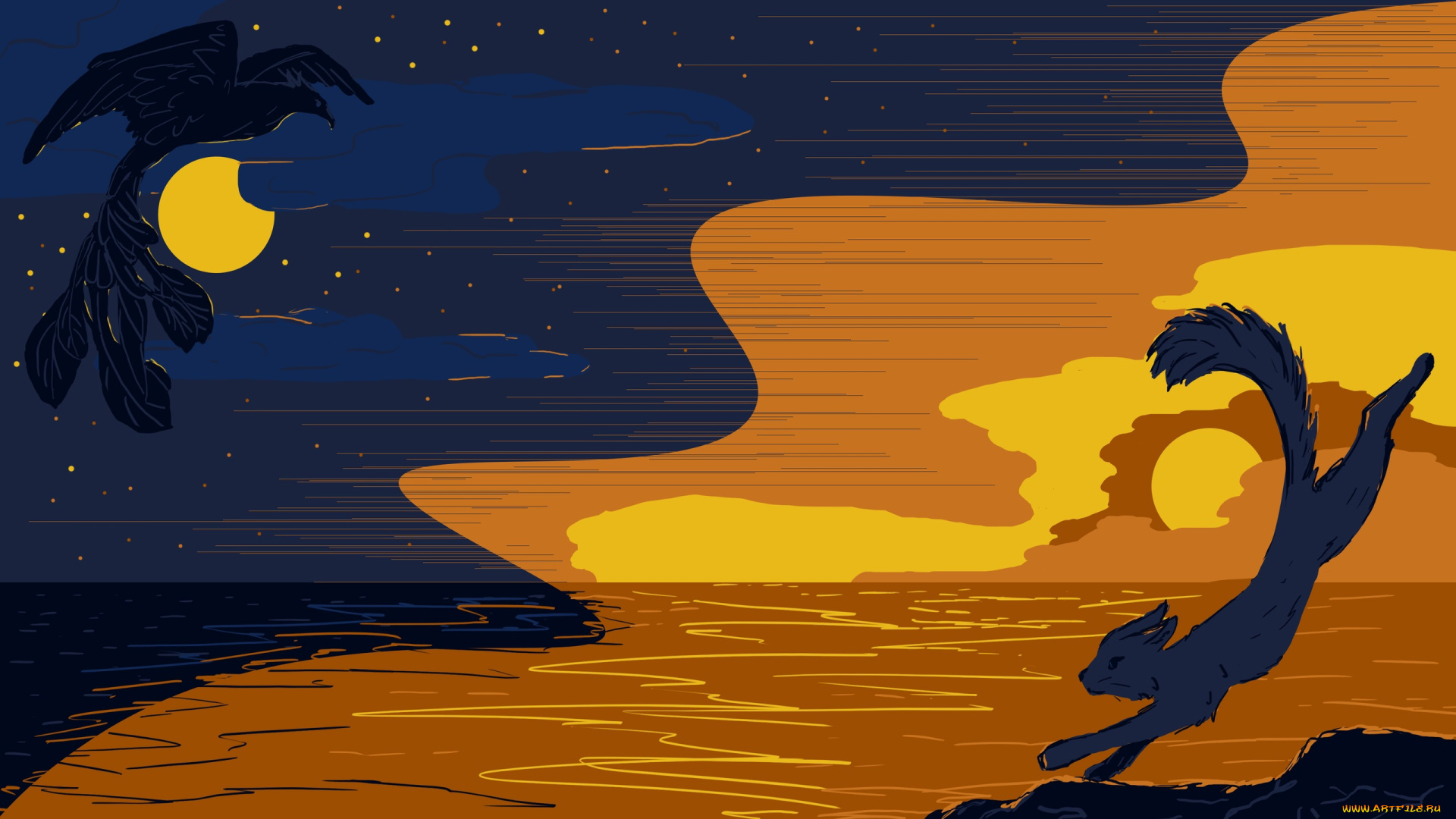 векторная, графика, животные, , animals, зверь, прыжок, луна, море