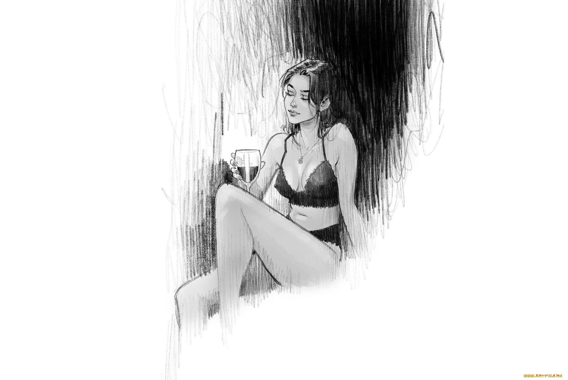 рисованное, люди, девушка, белье, бокал