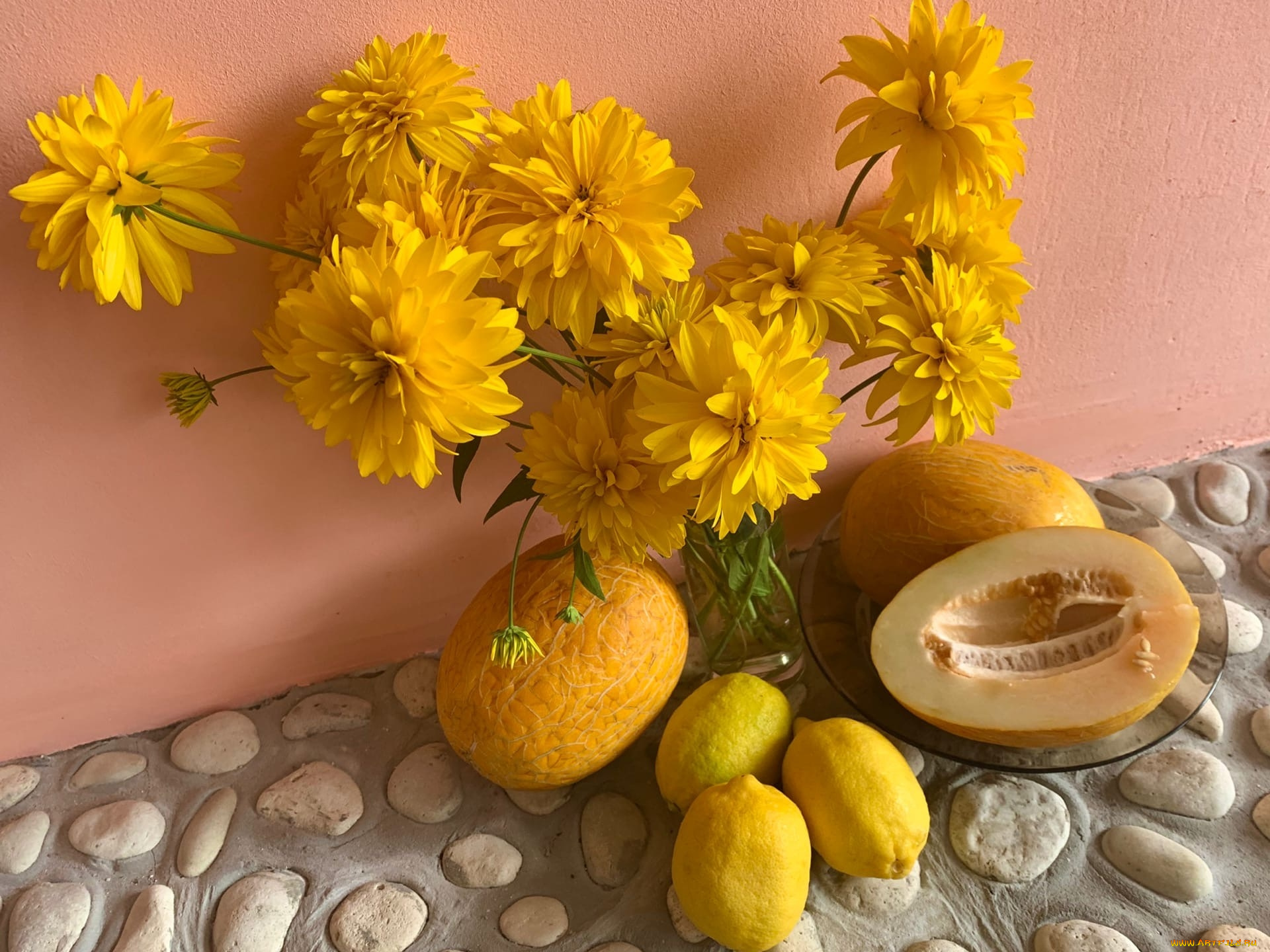 еда, натюрморт, букет, георгины, дыня, лимоны
