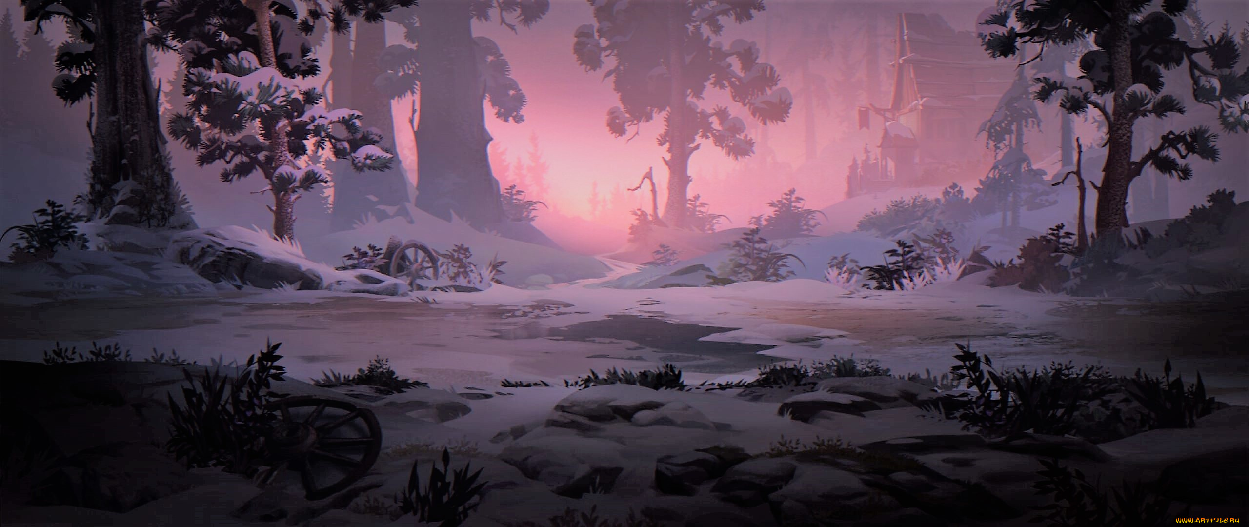 рисованное, природа, закат, деревья, снег, дом