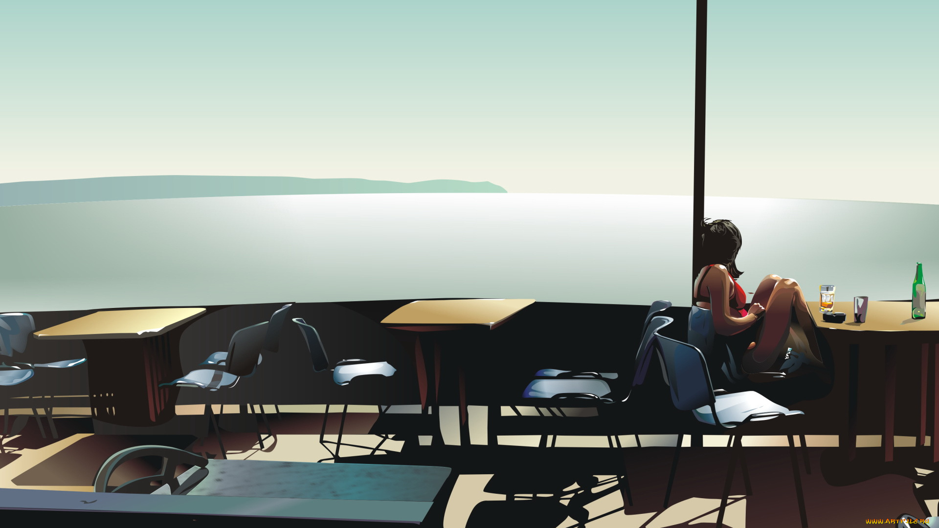 рисованное, люди, девушка, кафе, окно