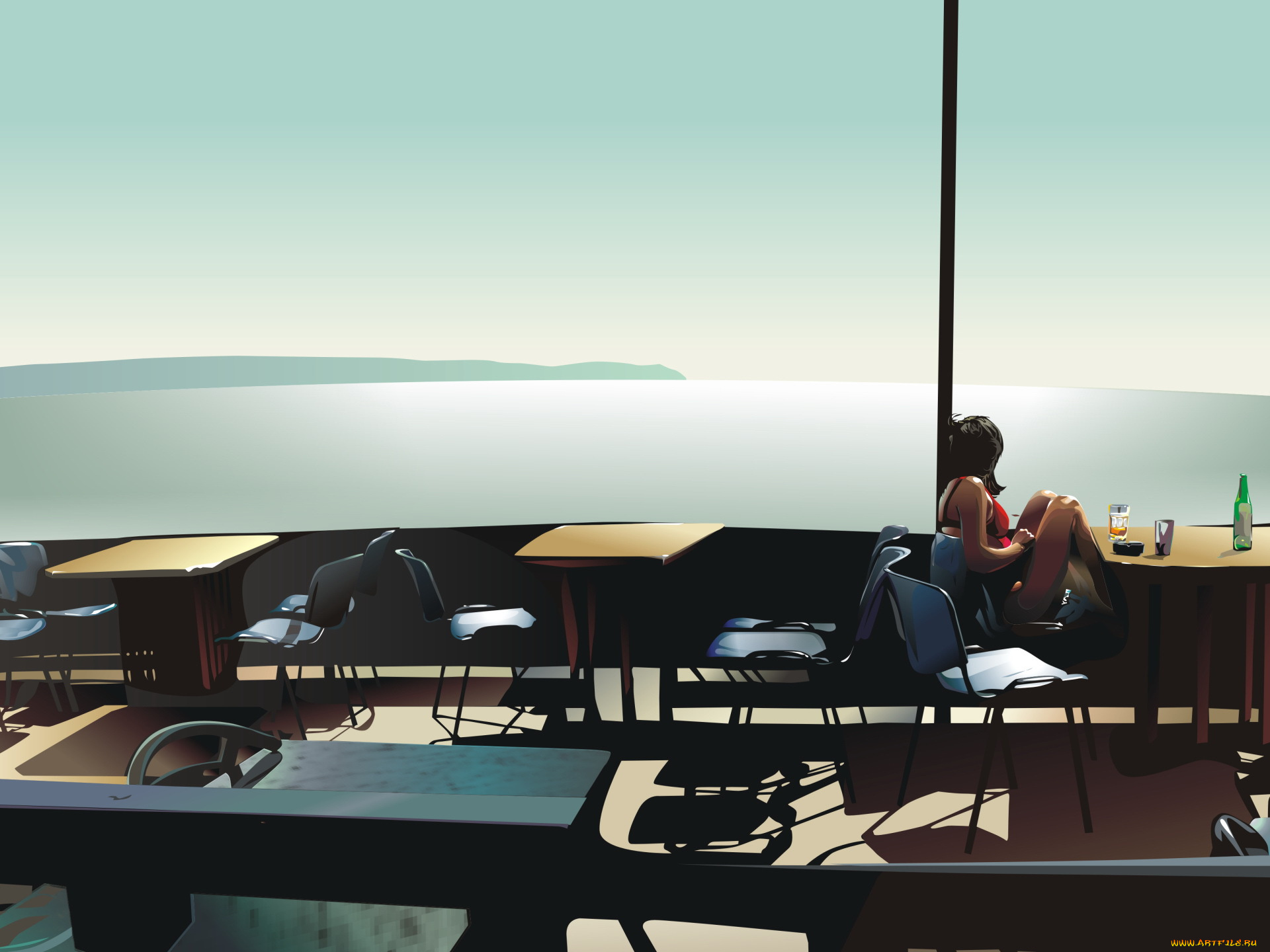 рисованное, люди, девушка, кафе, окно