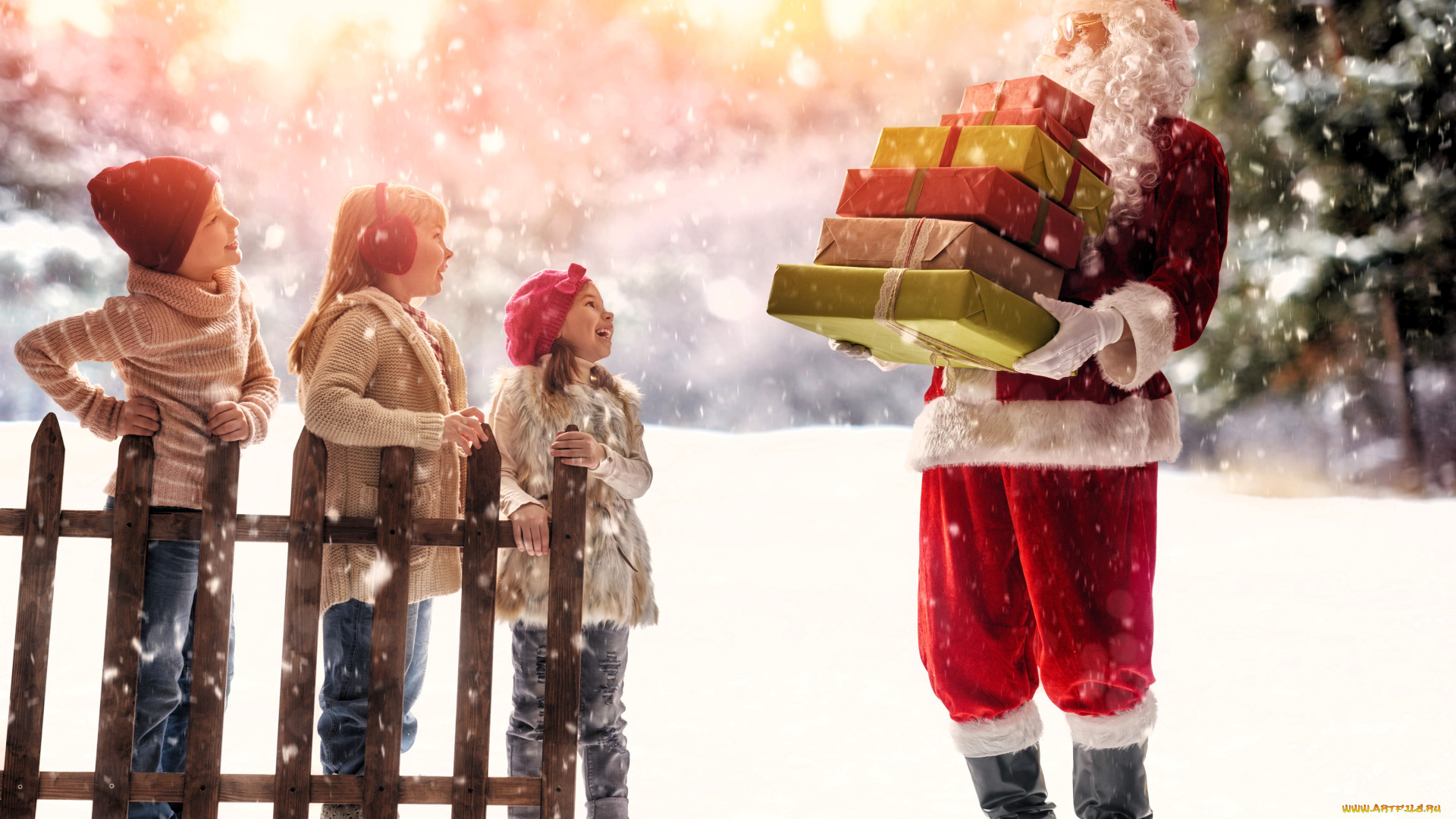праздничные, дед, мороз, , санта, клаус, санта, клаус, подарки, дети, забор, снег