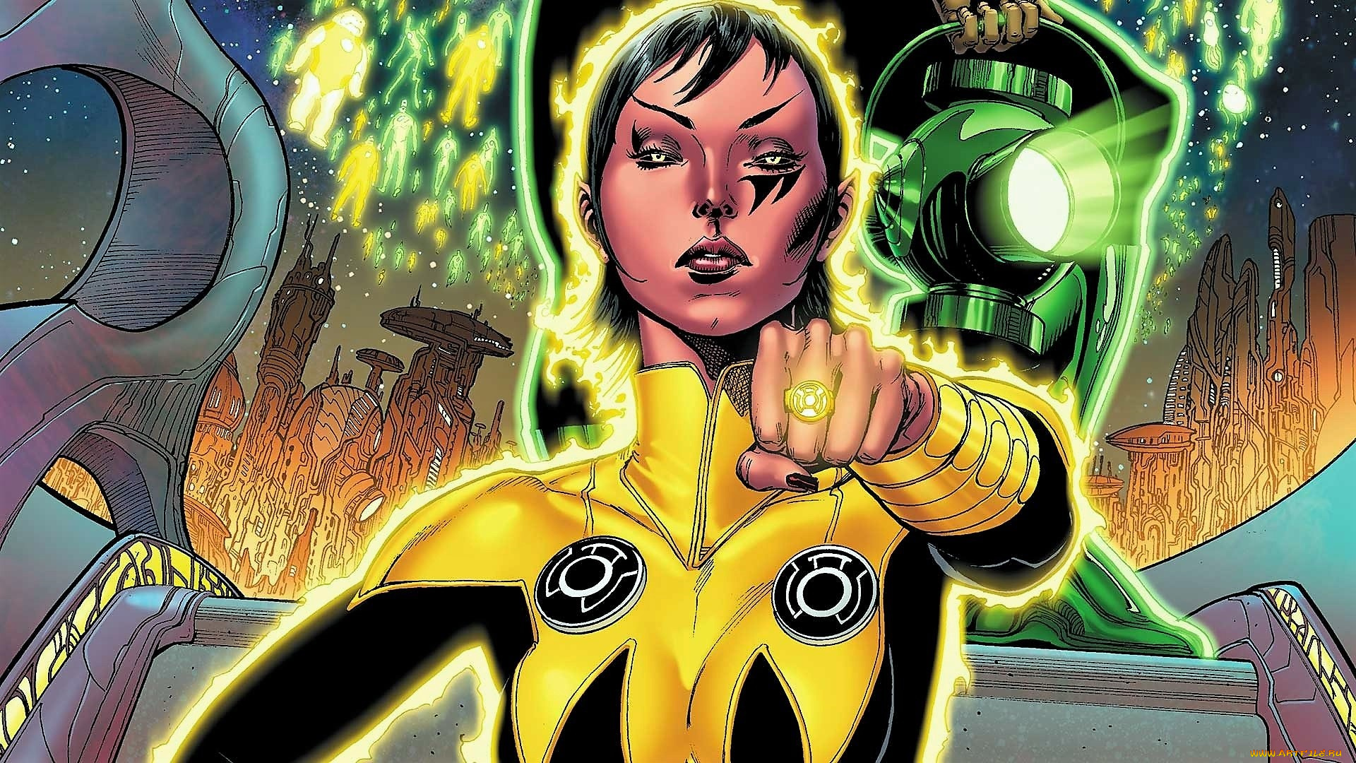 рисованное, комиксы, девушка, фонарь, кольцо, город