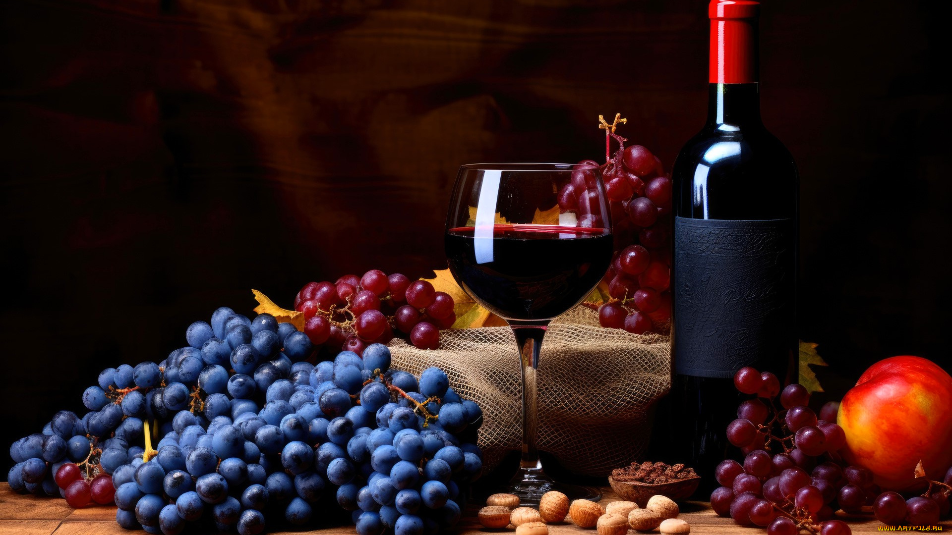 еда, виноград, грозди, бутылка, вино, бокал