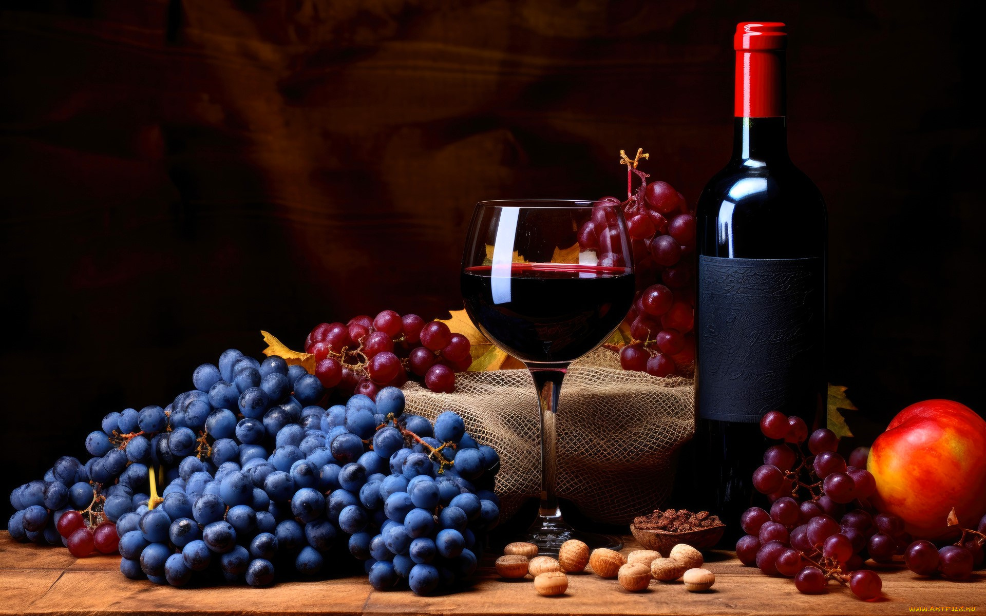 еда, виноград, грозди, бутылка, вино, бокал