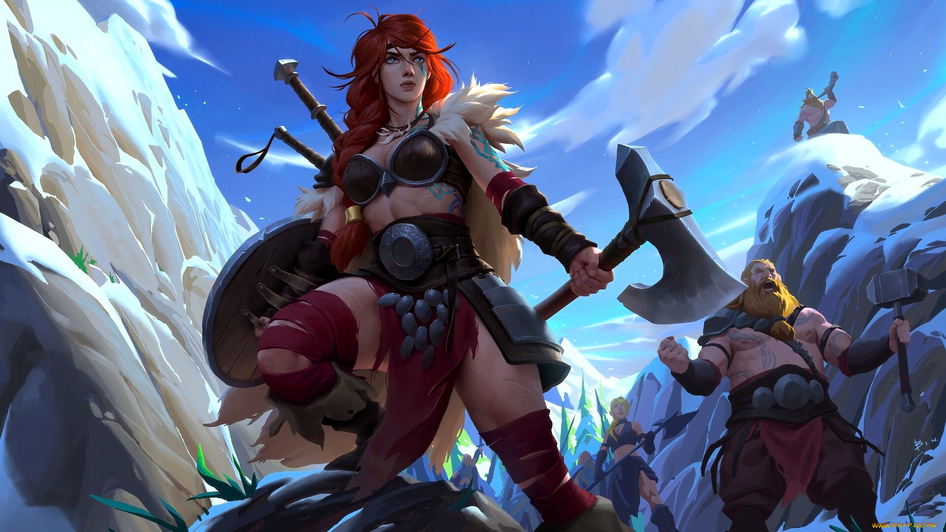 фэнтези, люди, отряд, воины, горы, снег