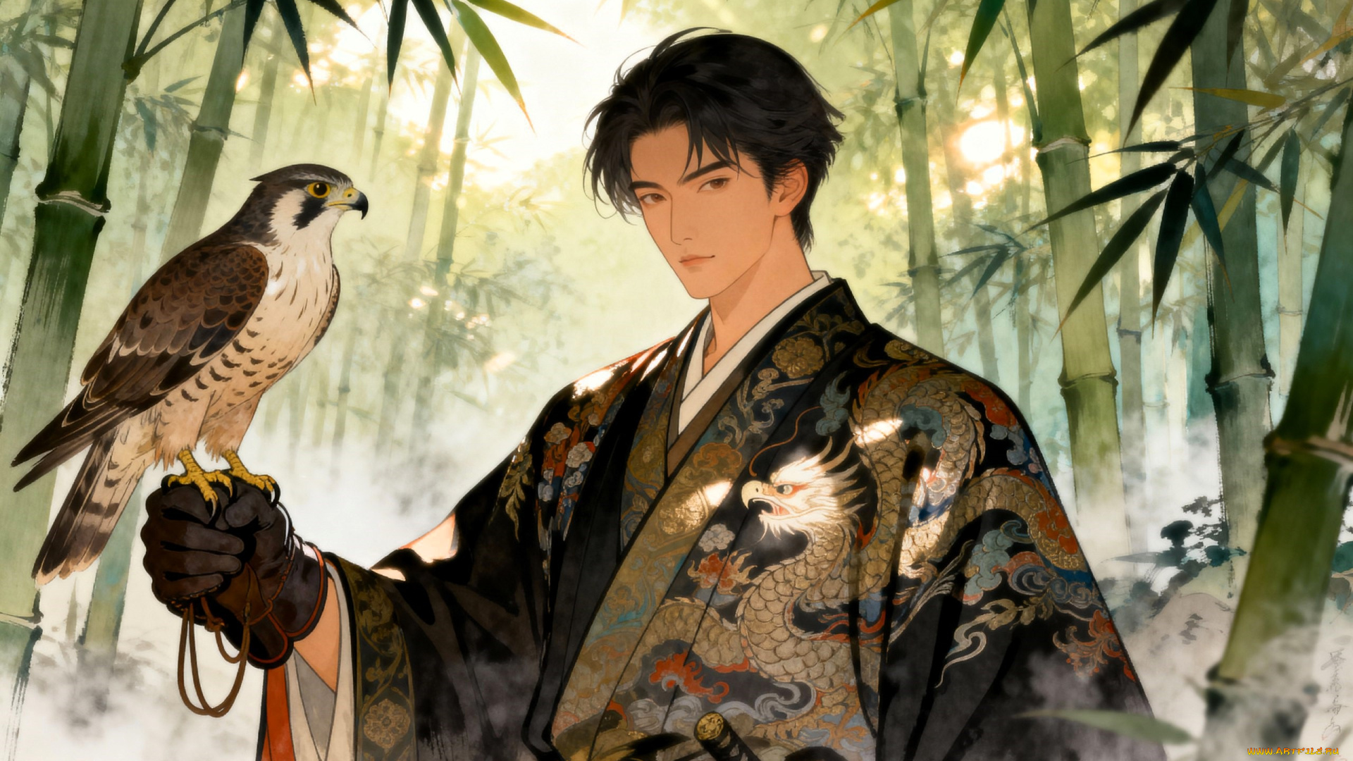 рисованное, люди, парень, наряд, перчатка, сокол, птица, лес, бамбук