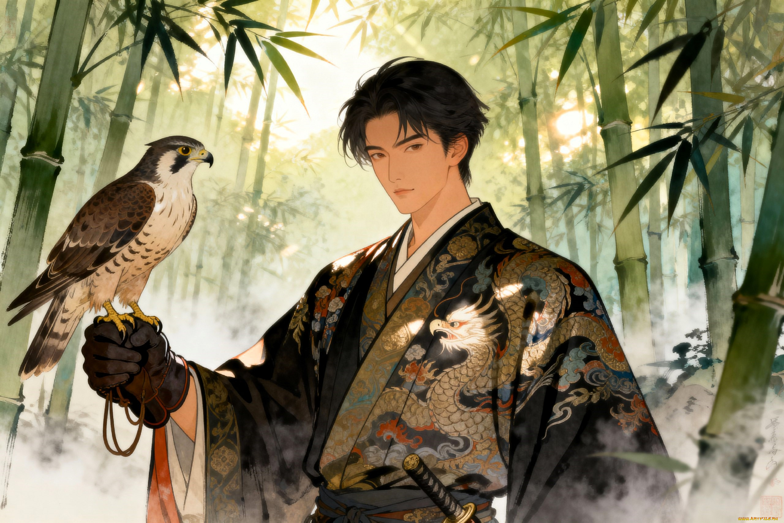 рисованное, люди, парень, наряд, перчатка, сокол, птица, лес, бамбук