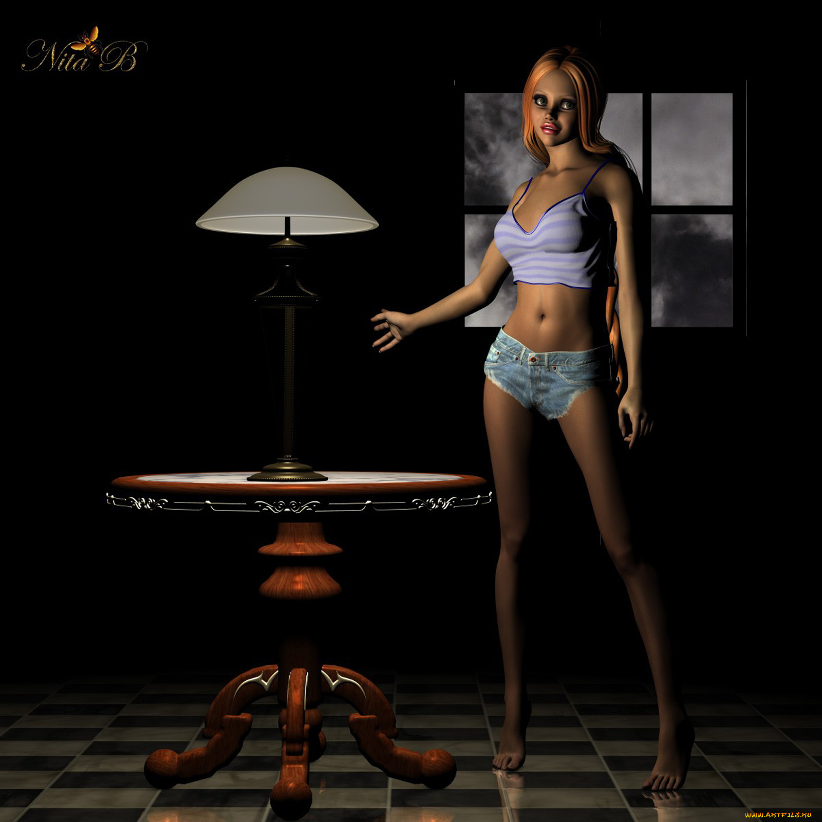 3д, графика, people, люди, светильник, стол, девушка