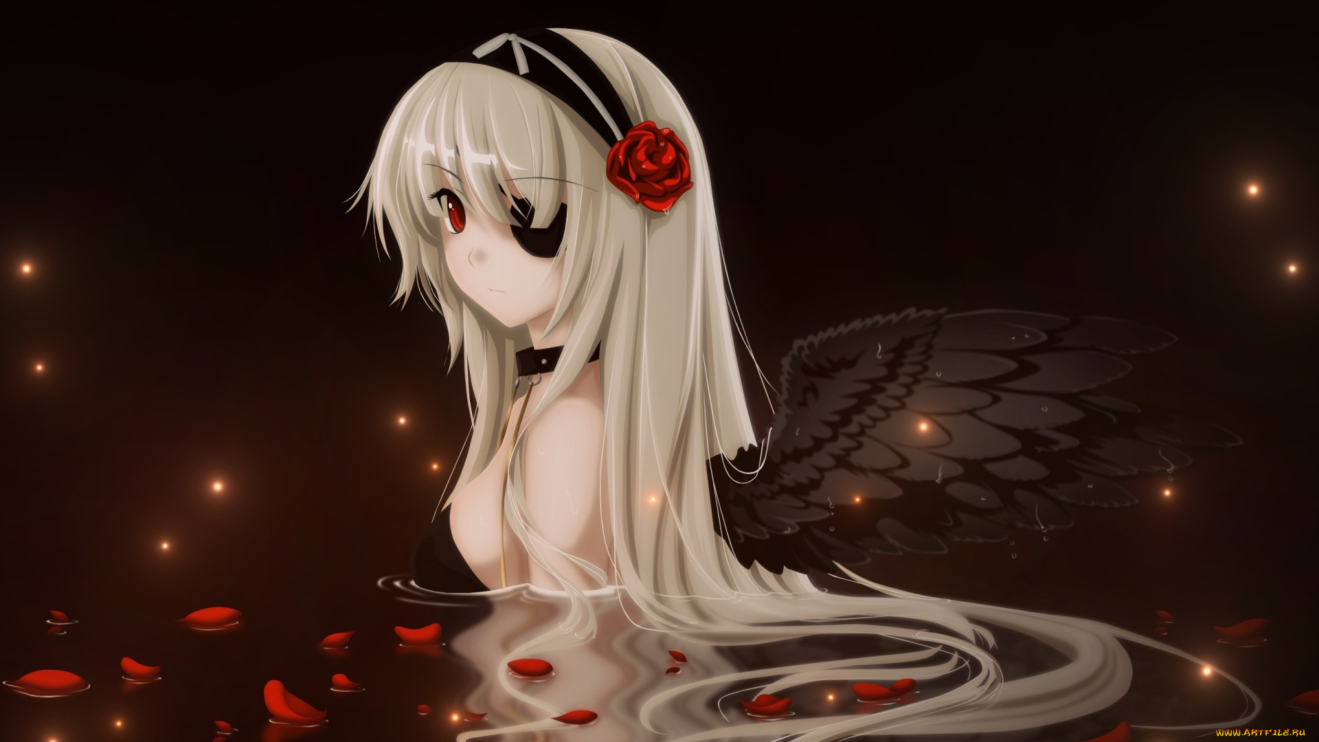 аниме, kurehito, misaki, mangaka, крылья, роза, лепестки, вода, девушка, темный, ангел