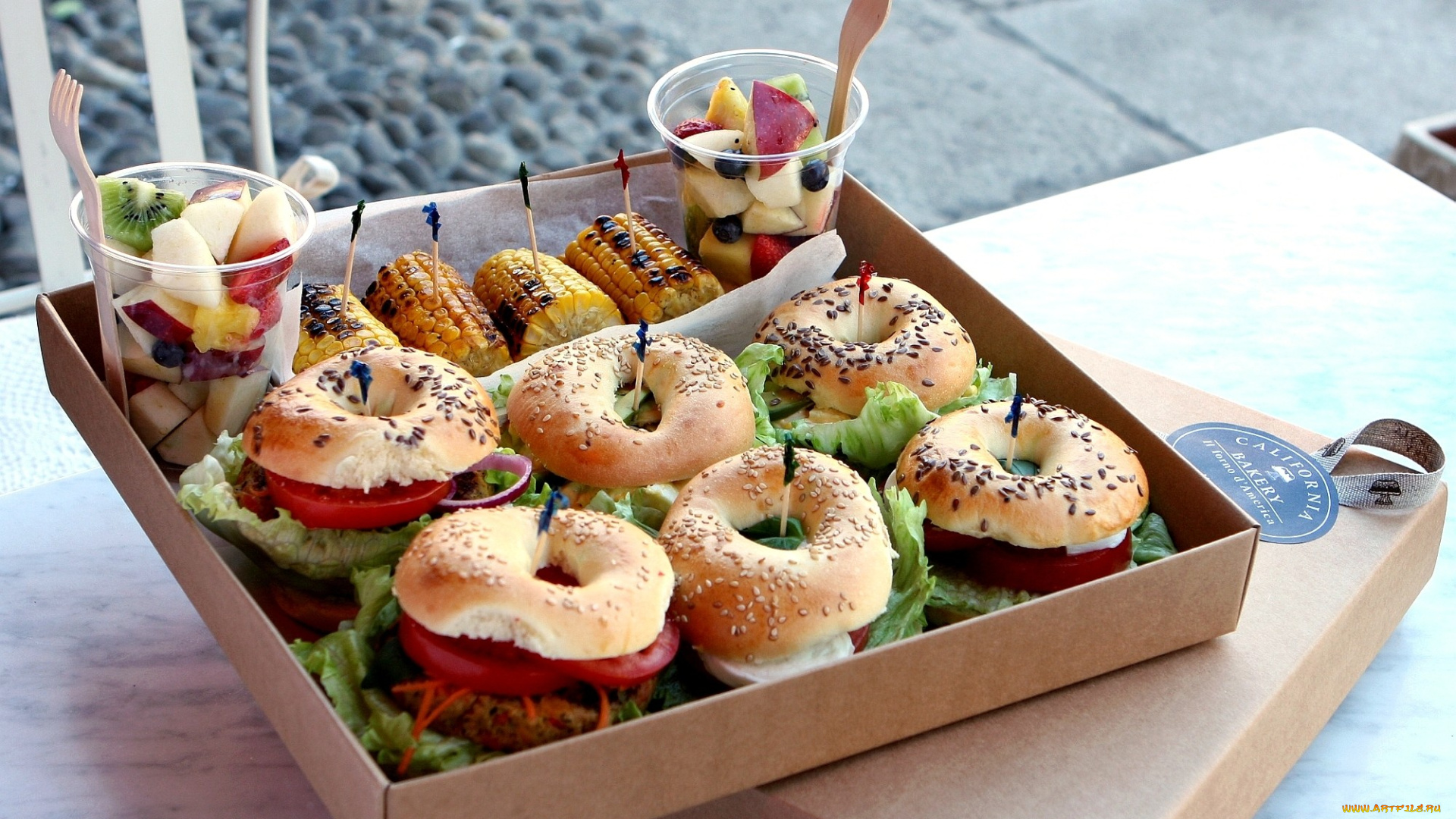 еда, разное, фрукты, кукуруза, бублики