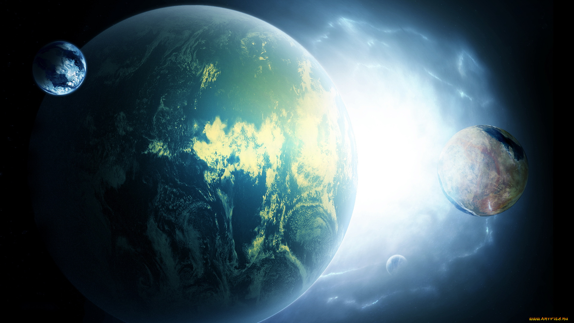 космос, арт, свечения, планеты