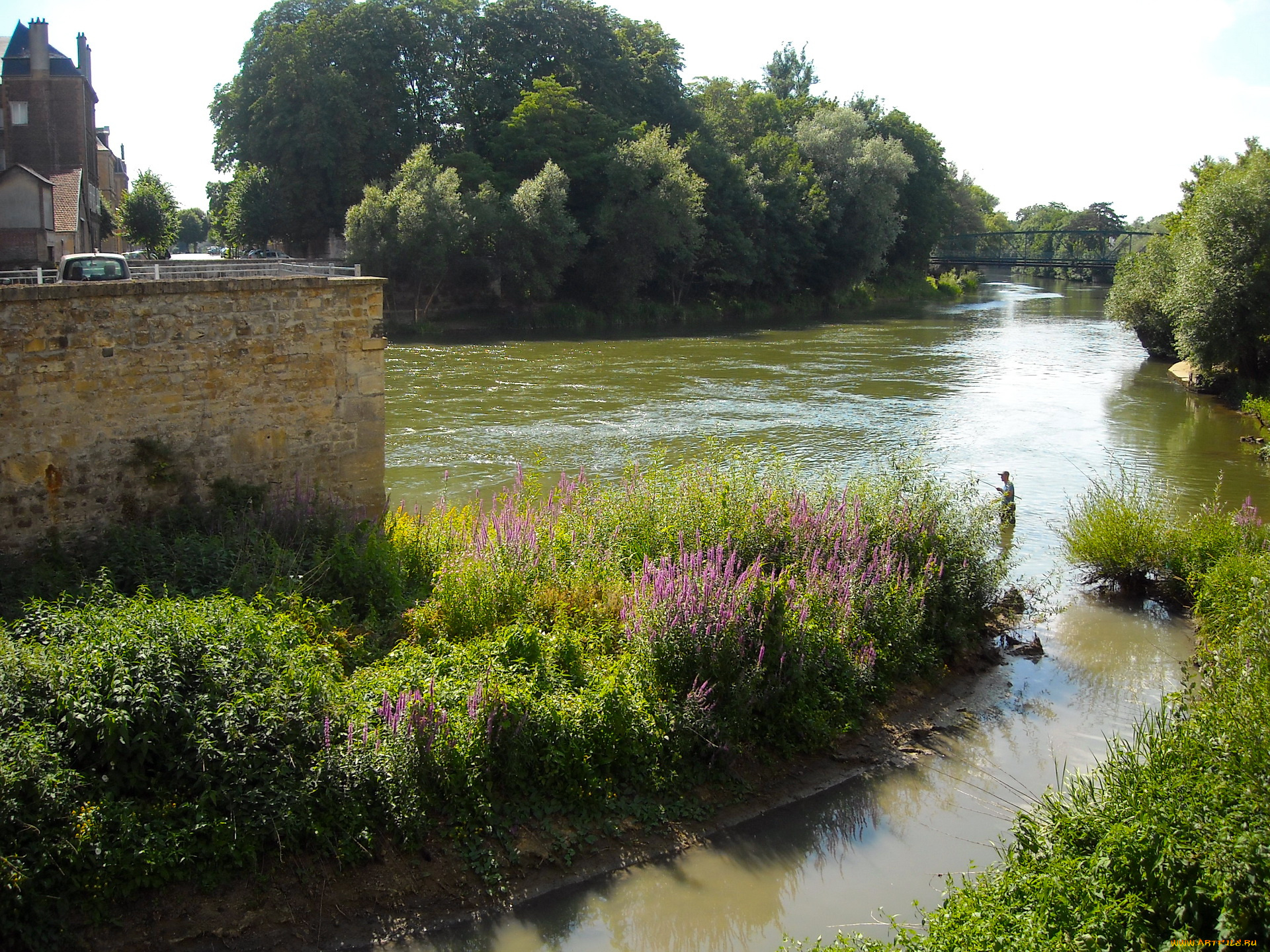 природа, реки, озера, рыбак, кусты, мост, деревья, река