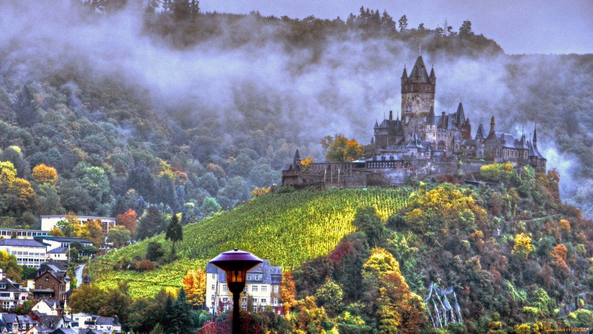 города, кохем, германия, замок, холм, пейзаж, туман