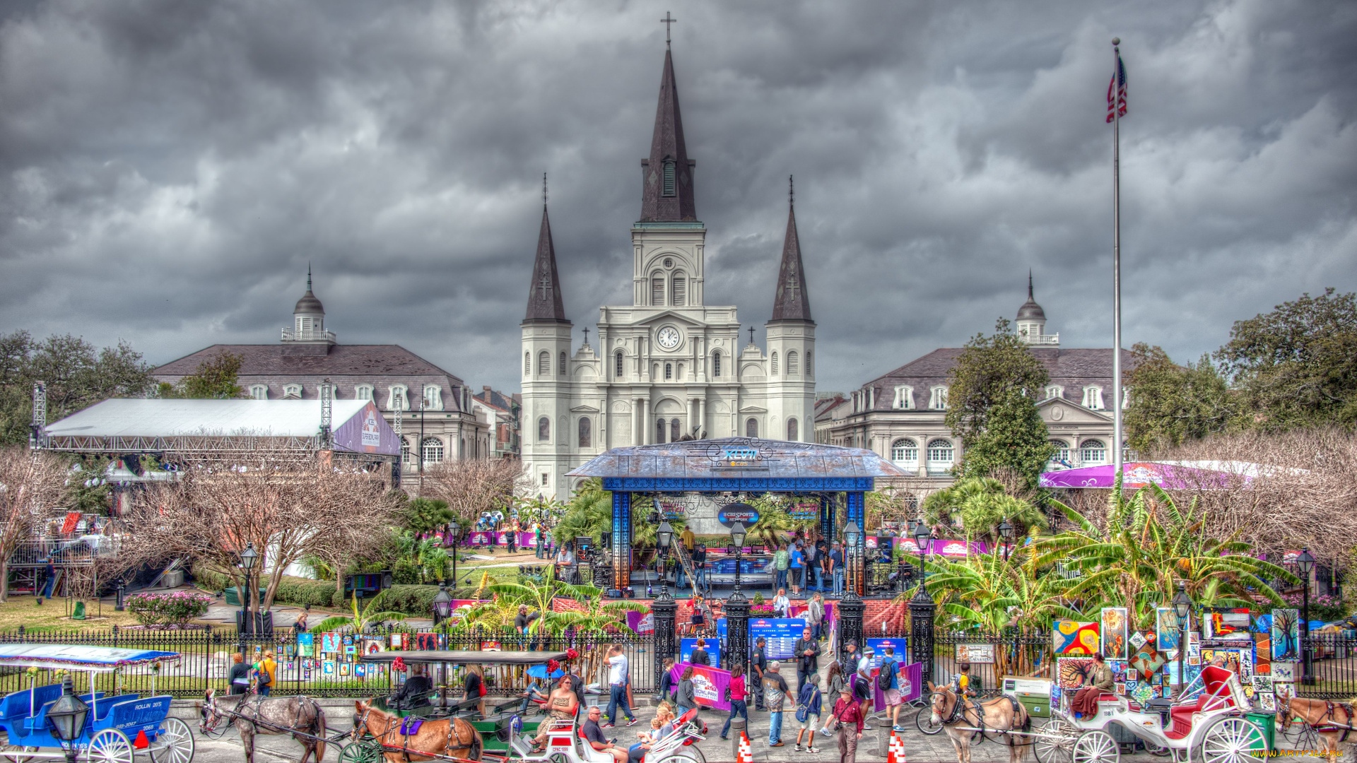 new, orleans, города, католические, соборы, костелы, аббатства, новый, орлеан, лошади, кареты, собор, сцена, праздник