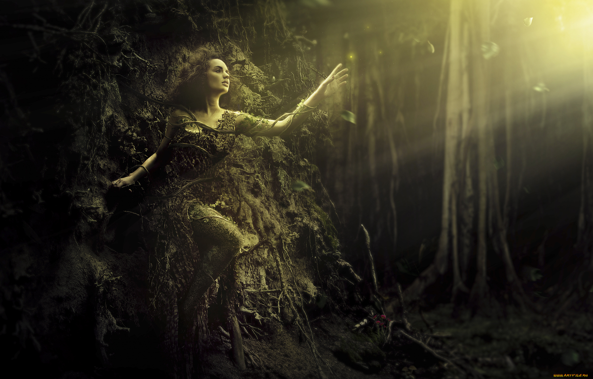 фэнтези, девушки, дерево, лианы